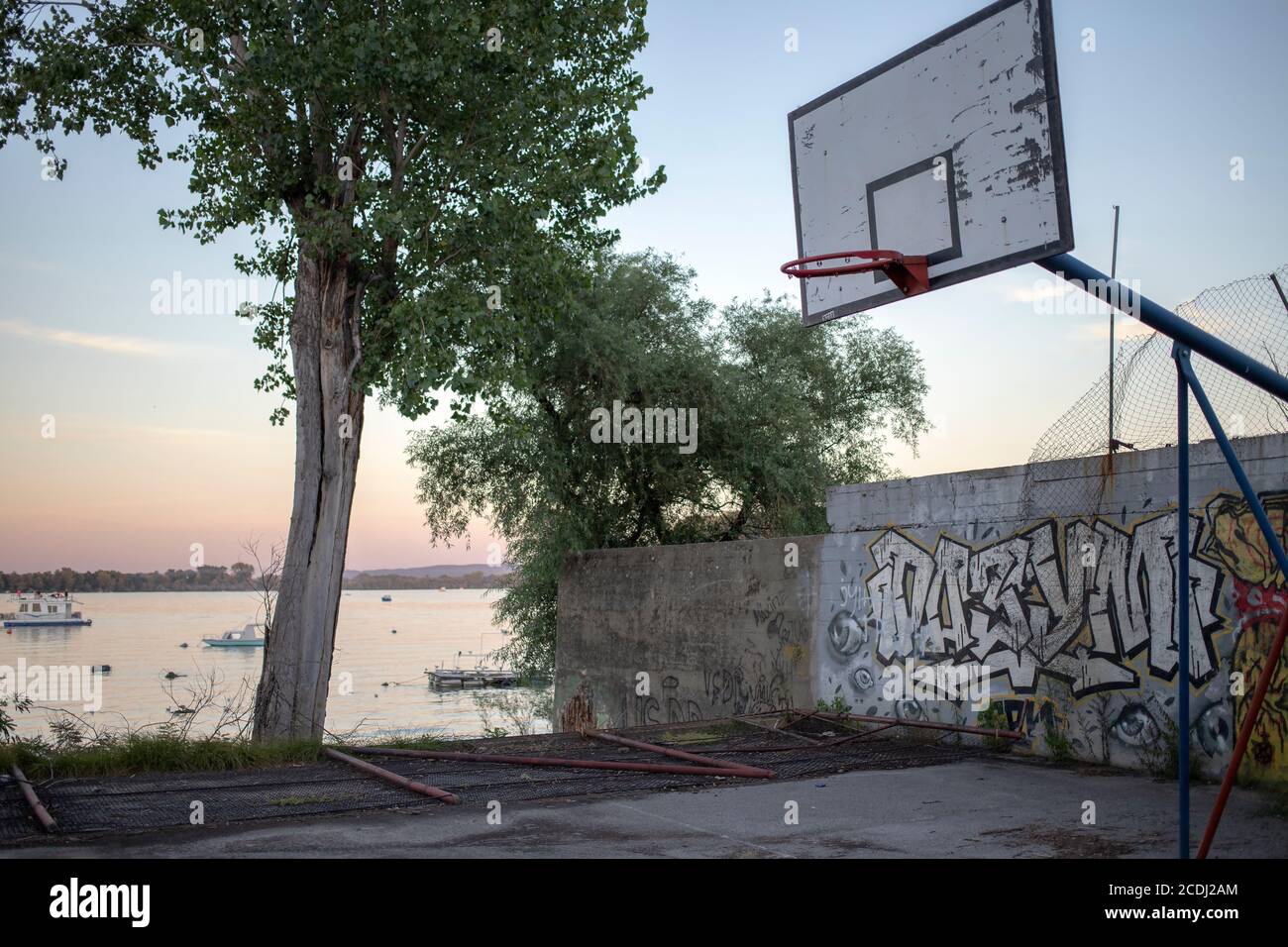 Belgrade, Serbia, Aug 27, 2020 Worn out basketball court located on the Danube River waterfront in Zemun Stock Photo