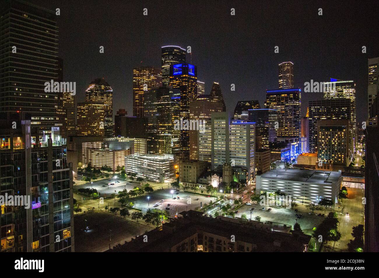 Downtown Houston at night in summer Stock Photo Alamy