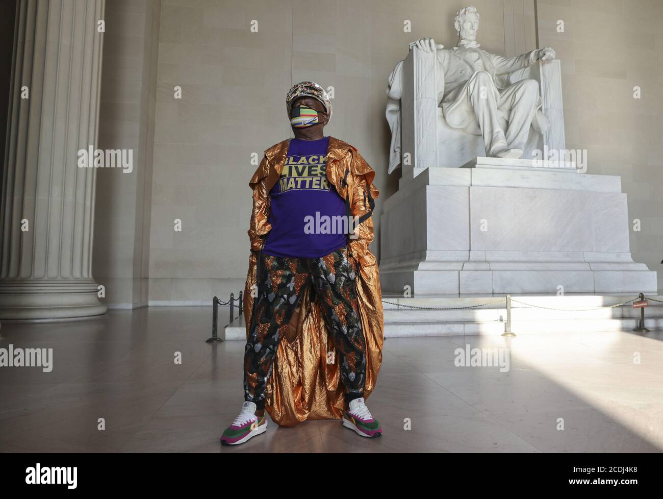 Washington, United States. 28th Aug, 2020. Singer and songwriter George Clinton of Parliament Funkadelic stands inside teh Lincoln Memorial before delivering remarks during the 'Commitment March: Get Your Knee Off Our Necks' civil rights rally in Washington, DC, on August 28, 2020. The 2020 March on Washington comes on the 57th anniversary of Dr. Martin Luther King's historic march, when he delivered his 'I Have a Dream' speech. Photo by Jonathan Earnst/UPI Credit: UPI/Alamy Live News Stock Photo
