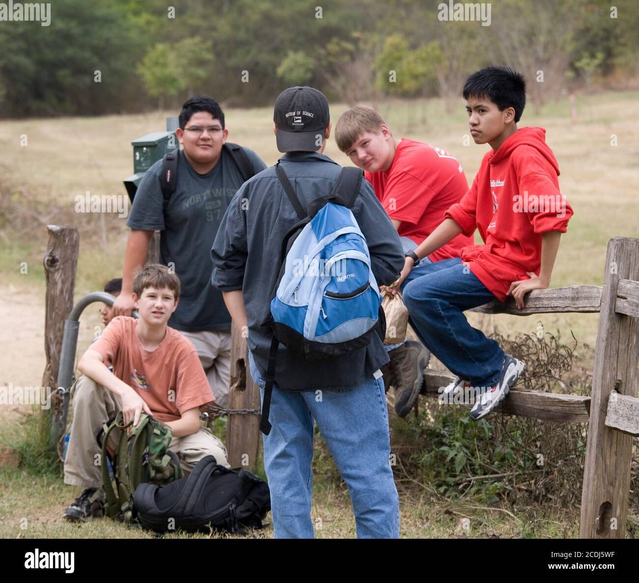 Austin, TX November 19, 2007: Eighth grade students finish a school field trip to the Barton Creek greenbelt, a 4-mile walk through an urban wilderness that finishes at Barton Springs and Zilker Park. ©Bob Daemmrich Stock Photo