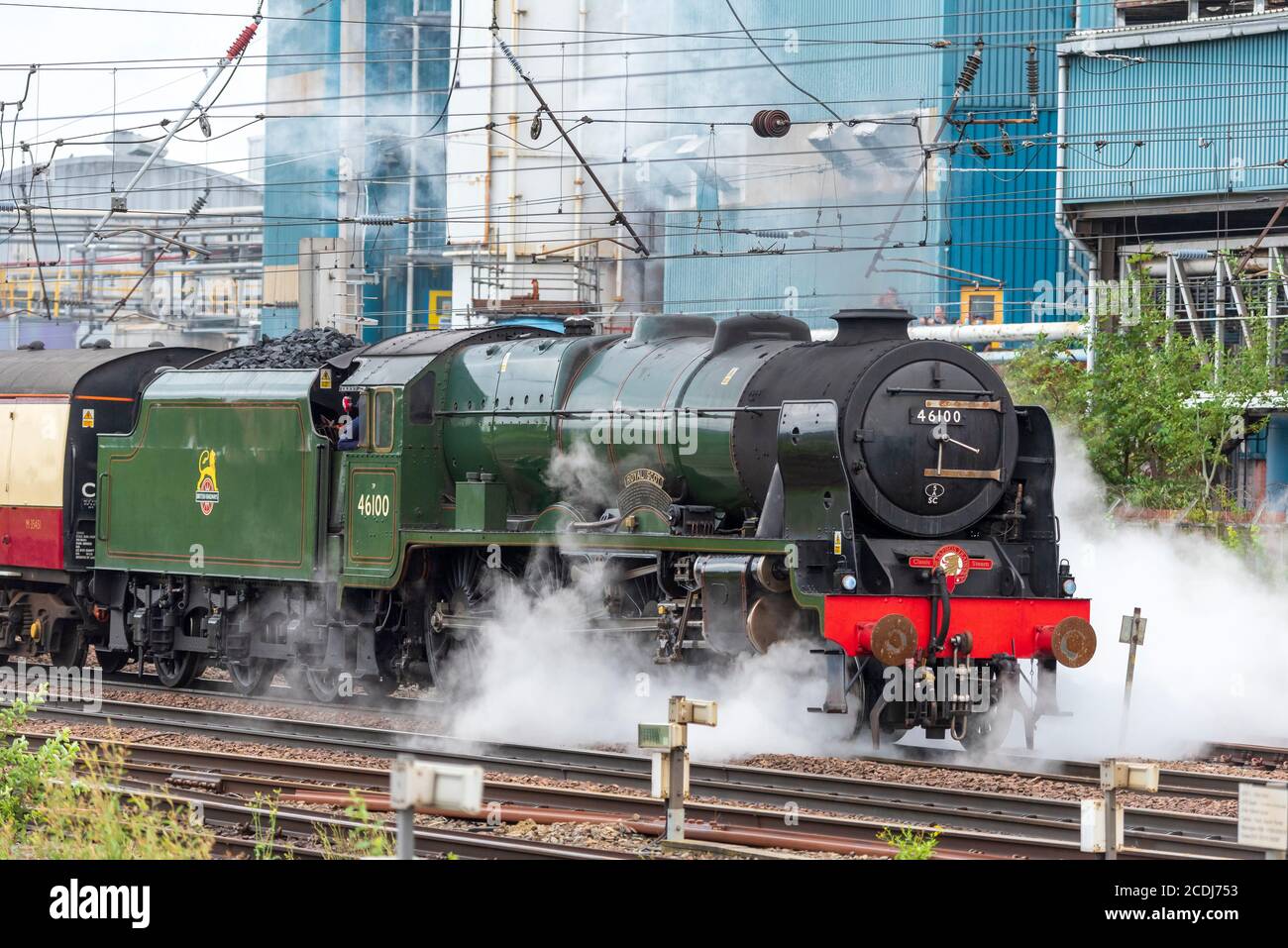 The Royal Scot Class 6100 steam locomotive at Warrington Bank Quay station as railtours re-open after Covid lockdown. Stock Photo
