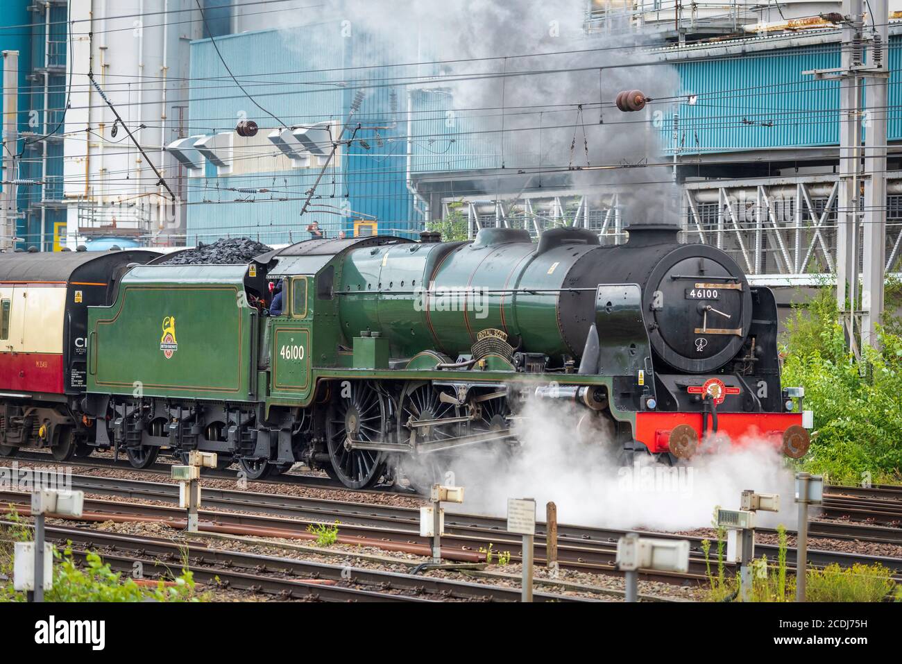 The Royal Scot Class 6100 steam locomotive at Warrington Bank Quay station as railtours re-open after Covid lockdown. Stock Photo