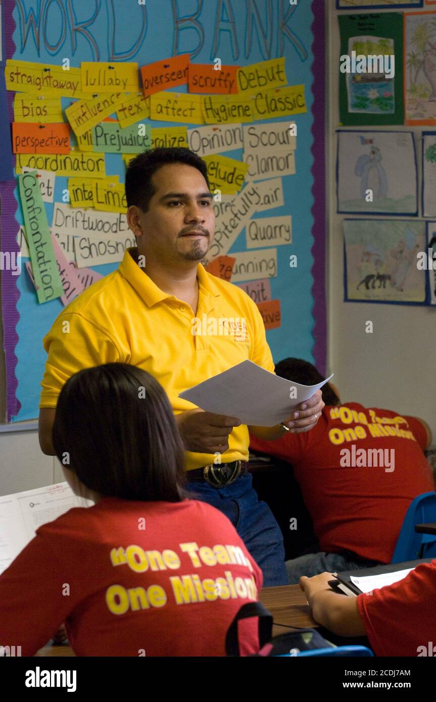 Brownsville, TX USA, April 13, 2007: A male Hispanic English teacher instructs sixth graders at the IDEA Public School, a public charter school serving the predominately-Hispanic population in far south Texas. ©Bob Daemmrich Stock Photo
