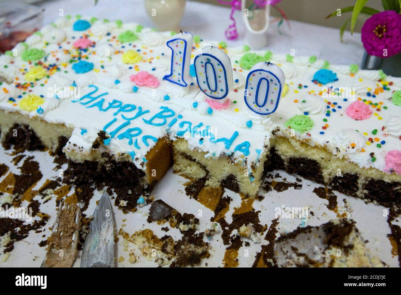 Burnet, TX September 16, 2007: Cake at Ursula Kramer's birthday party. She was born September 16, 1907 in rural Germany and fled Germany under Hitler in her early 30's and emigrated to Texas before World War II. She was driving up until her 99th birthday. ©Bob Daemmrich Stock Photo