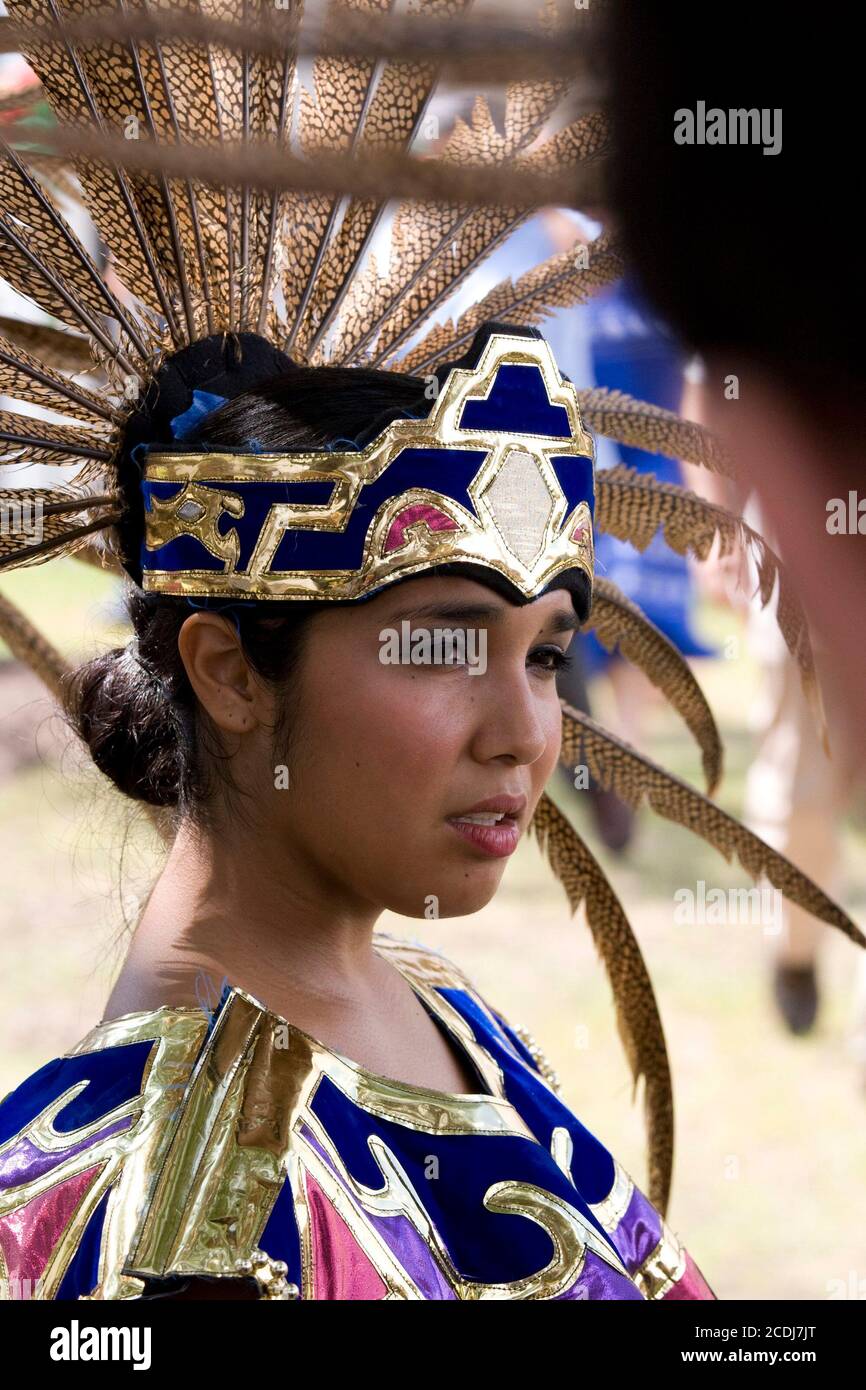 Austin, TX September 16, 2007: A female dancer with St. Edward's University Ballet Folklorico waits to perform at the grand opening celebration of the Mexican American Cultural Center in downtown Austin. ©Bob Daemmrich Stock Photo