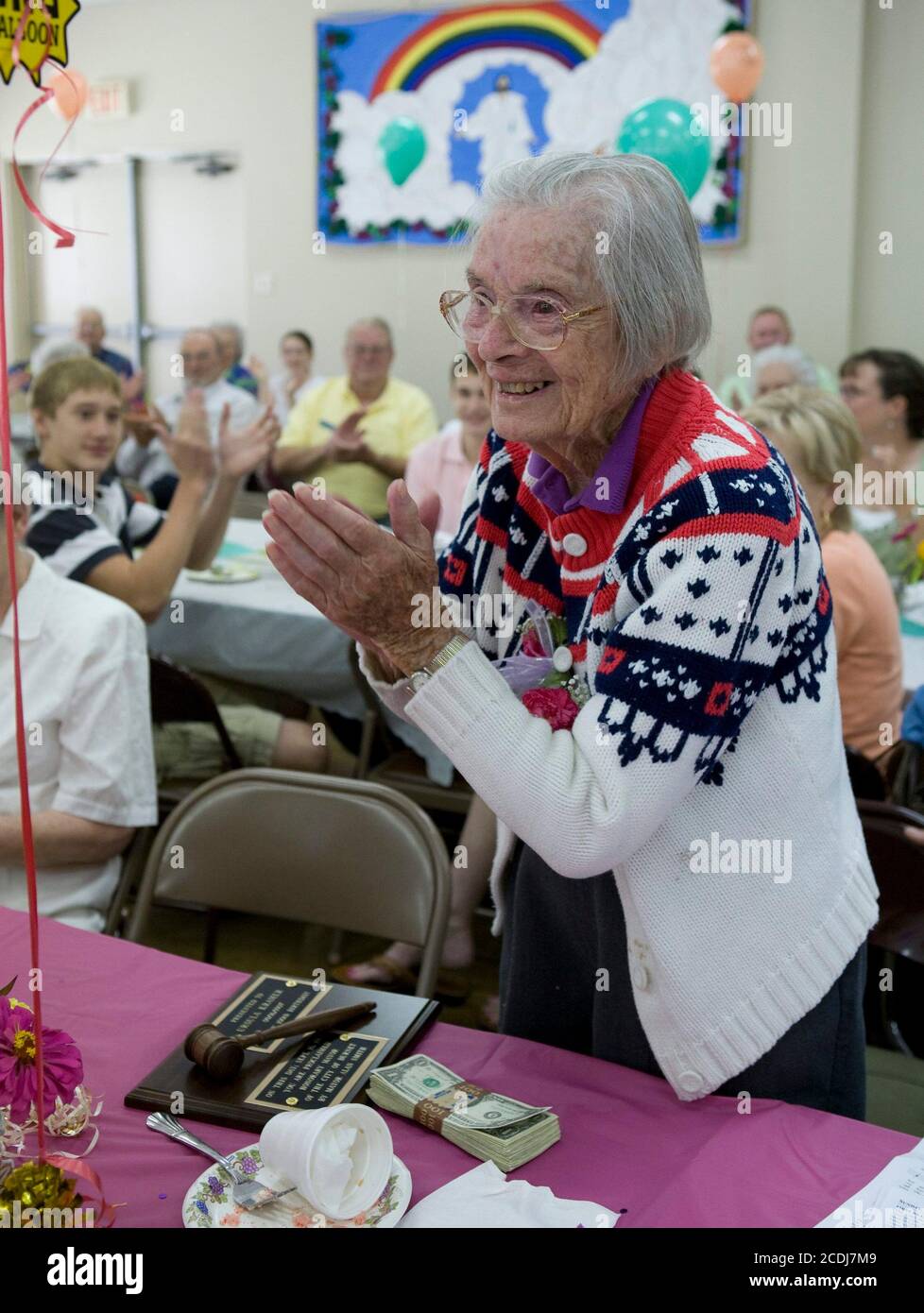 Burnet, TX September 16, 2007: Ursula Kramer, who was born September 16, 1907 in rural Germany, is the center of attention at her 100th birthday party at First Lutheran Church. Kramer fled Germany under Hitler in her early 30's and emigrated to Texas before World War II. She was driving up until her 99th birthday. ©Bob Daemmrich Stock Photo