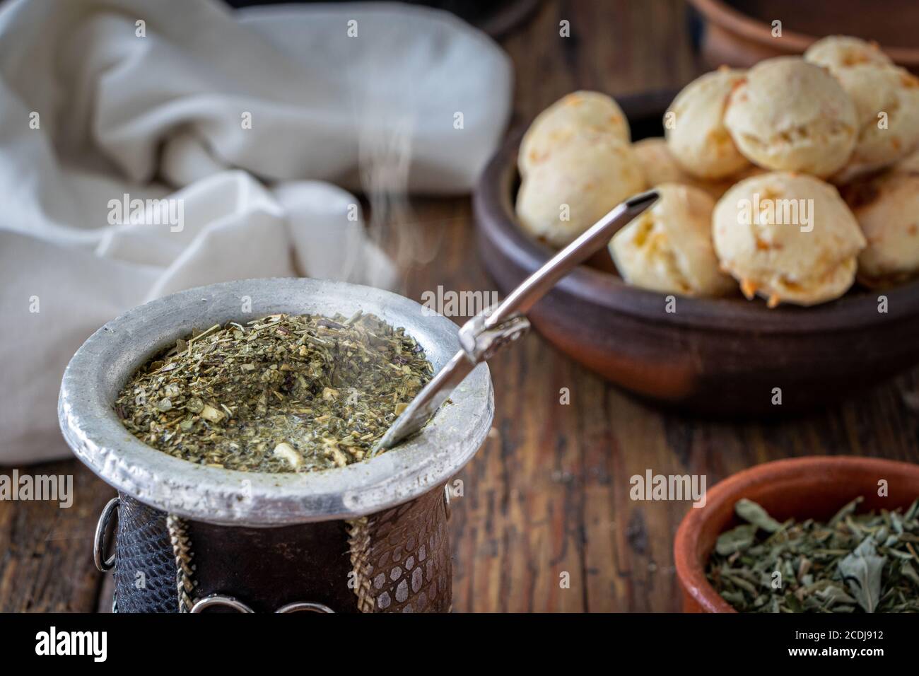Chipa is a argentain snack cheese bread, Mate is a typical hot drink f Stock Photo