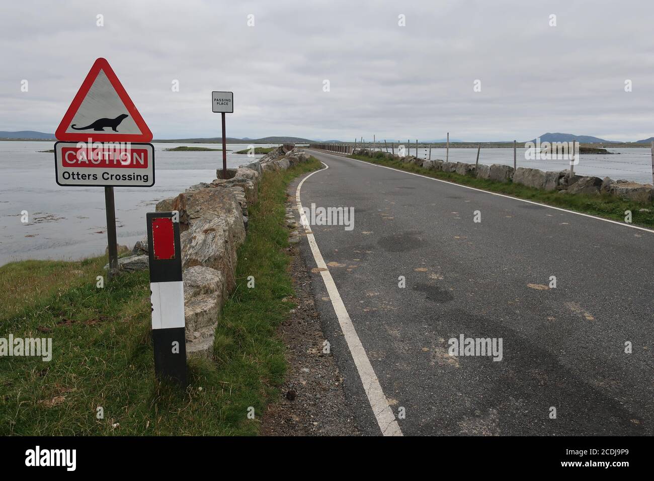 Caution otters crossing sign. The Hebridean Way. Outer Hebrides. Highlands. Scotland. UK Stock Photo