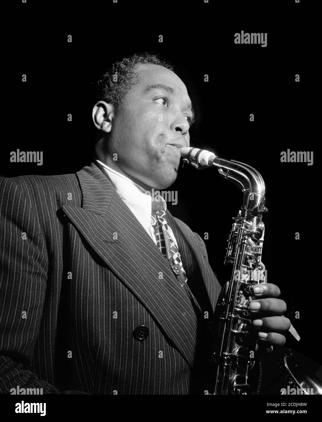 Charlie Parker. Portrait of the American saxophonist Charlie Parker (1920-1955) in the Three Deuces, New York, c.1947. Stock Photo