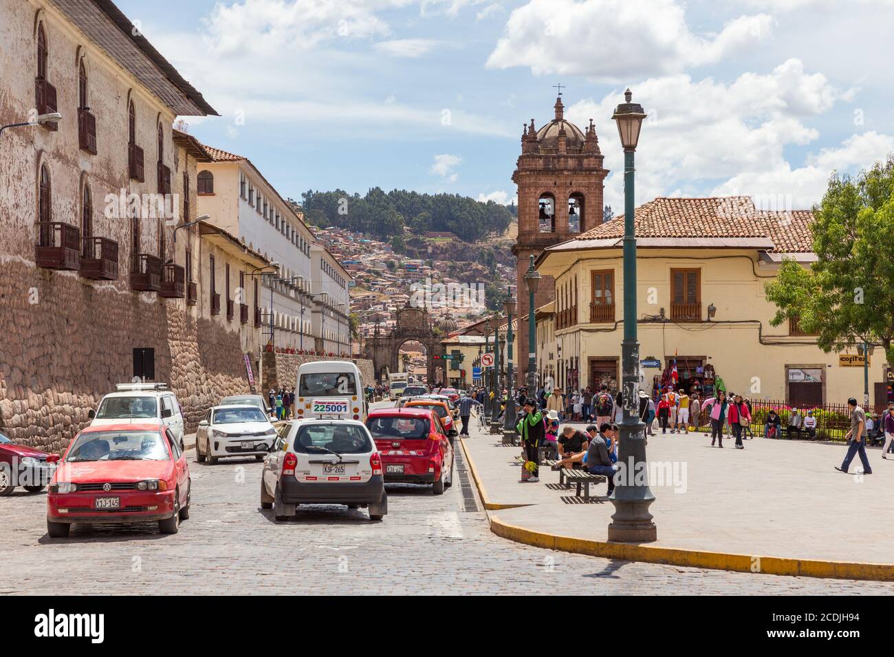 Cusco, Peru - october 08, 2018: View of people walking in the streets of the historic center of the city of Cusco, near the Church of San Pedro, Cusco Stock Photo