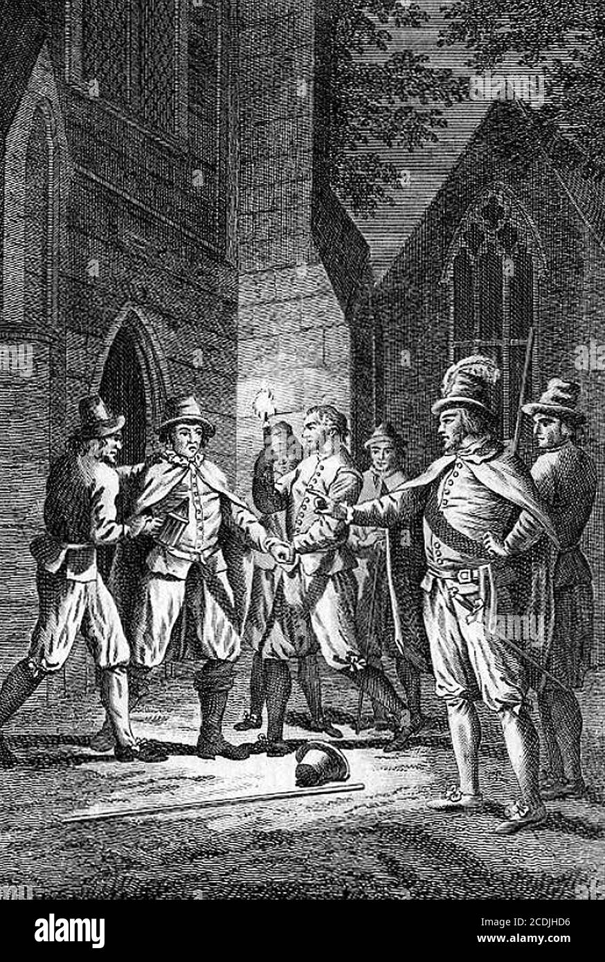 Guy Fawkes. Sir Thomas Knevet ordering the arrest of Guy Fawkes, etching, c.1800 Stock Photo