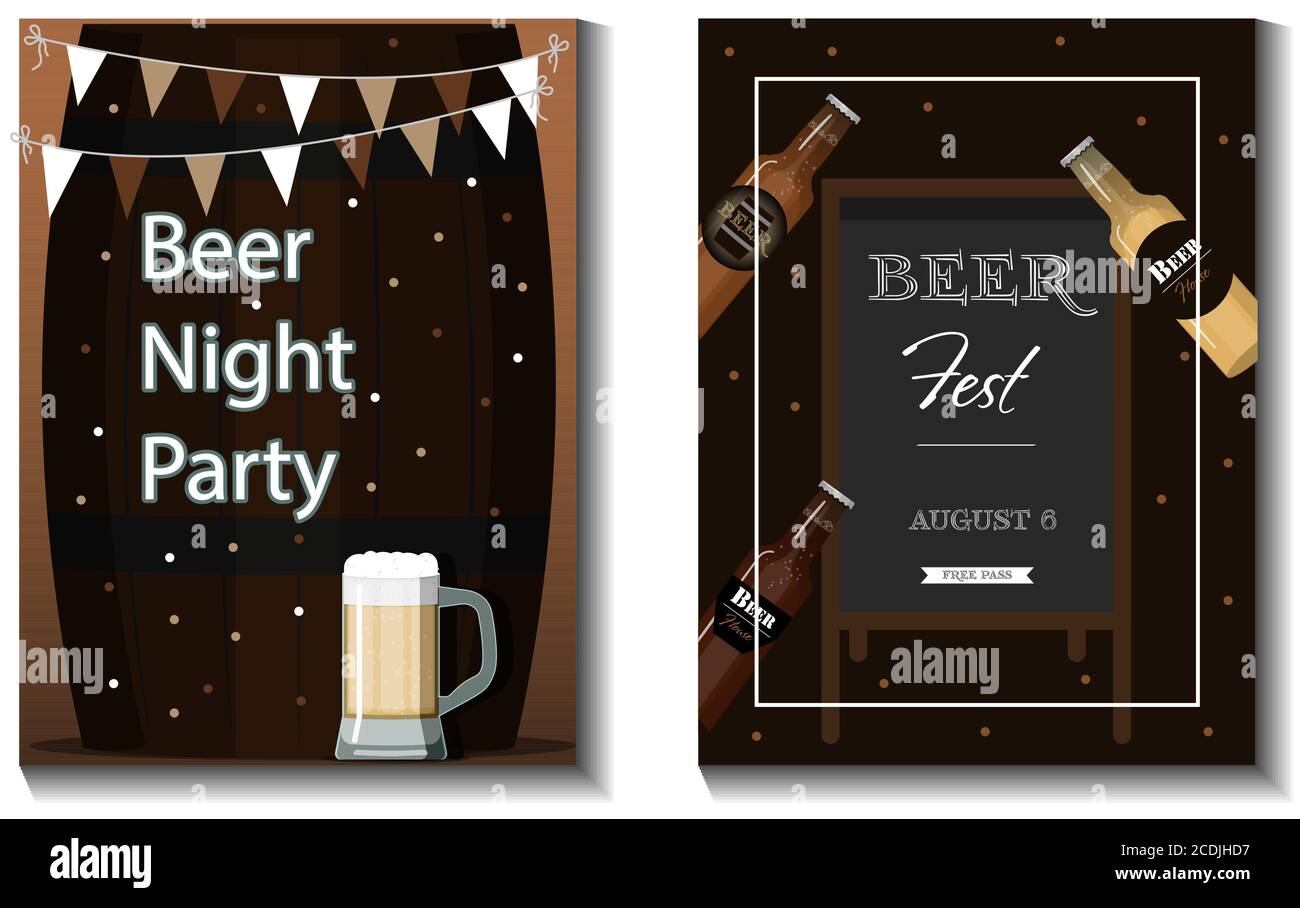 A set of vector flyers for a beer party, festival or advertising. Flat illustration with beer mugs, beer bottles, glasses and holiday decorations. Banner with information about a party, holiday, and happy hours in a beer bar. Ads for Oktoberfest, holiday, or images for a restaurant, pub, or liquor store. Set of business cards Stock Vector