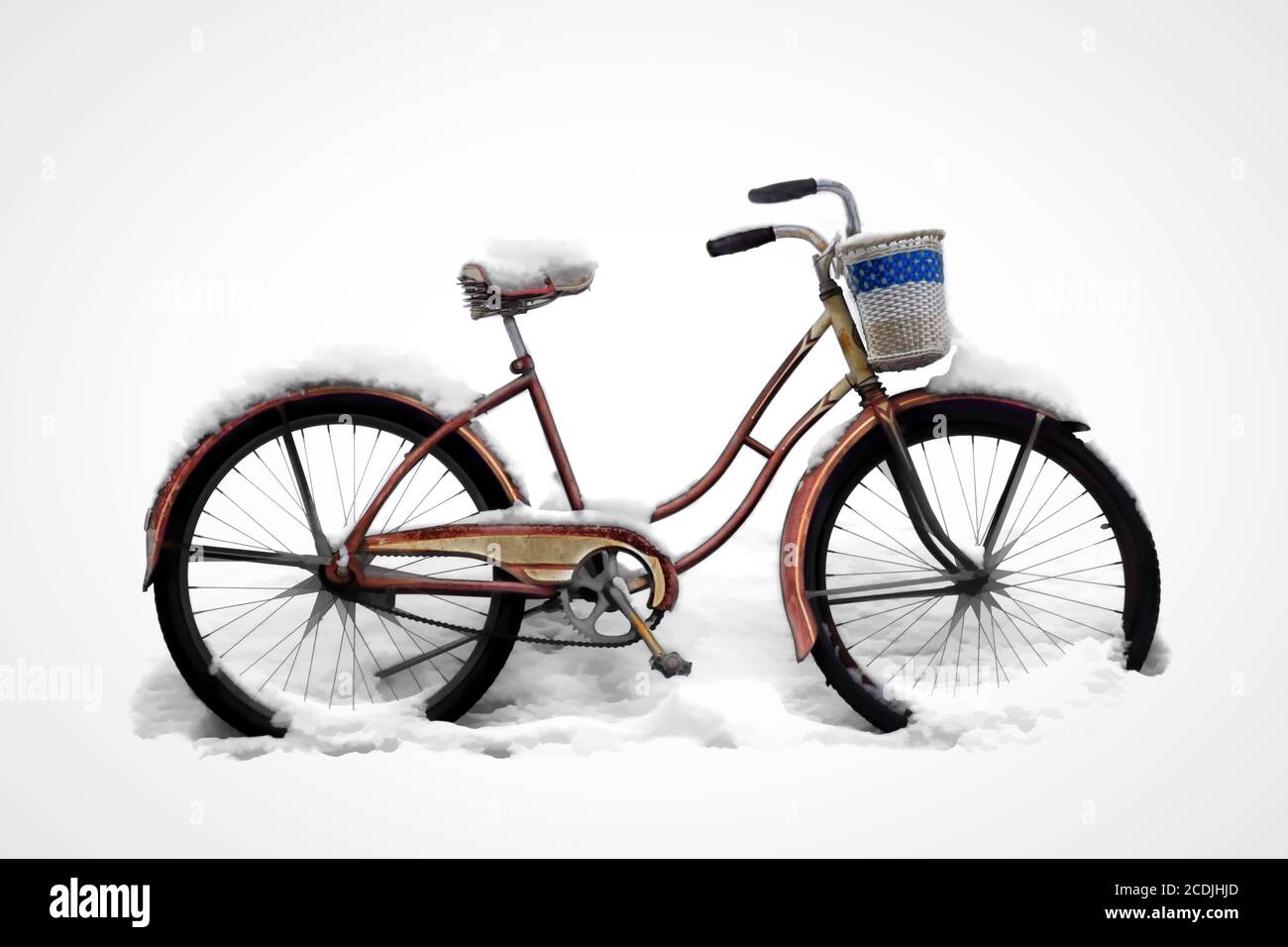 Old Bicycle Parked in Snow Stock Photo