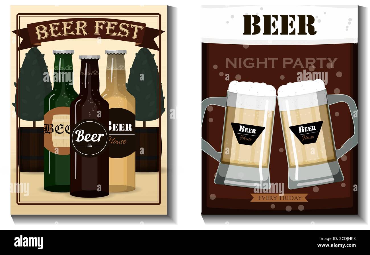 A set of vector flyers for a beer party, festival or advertising. Flat illustration with beer mugs, beer bottles, glasses and holiday decorations. Banner with information about a party, holiday, and happy hours in a beer bar. Ads for Oktoberfest, holiday, or images for a restaurant, pub, or liquor store. Set of business cards Stock Vector