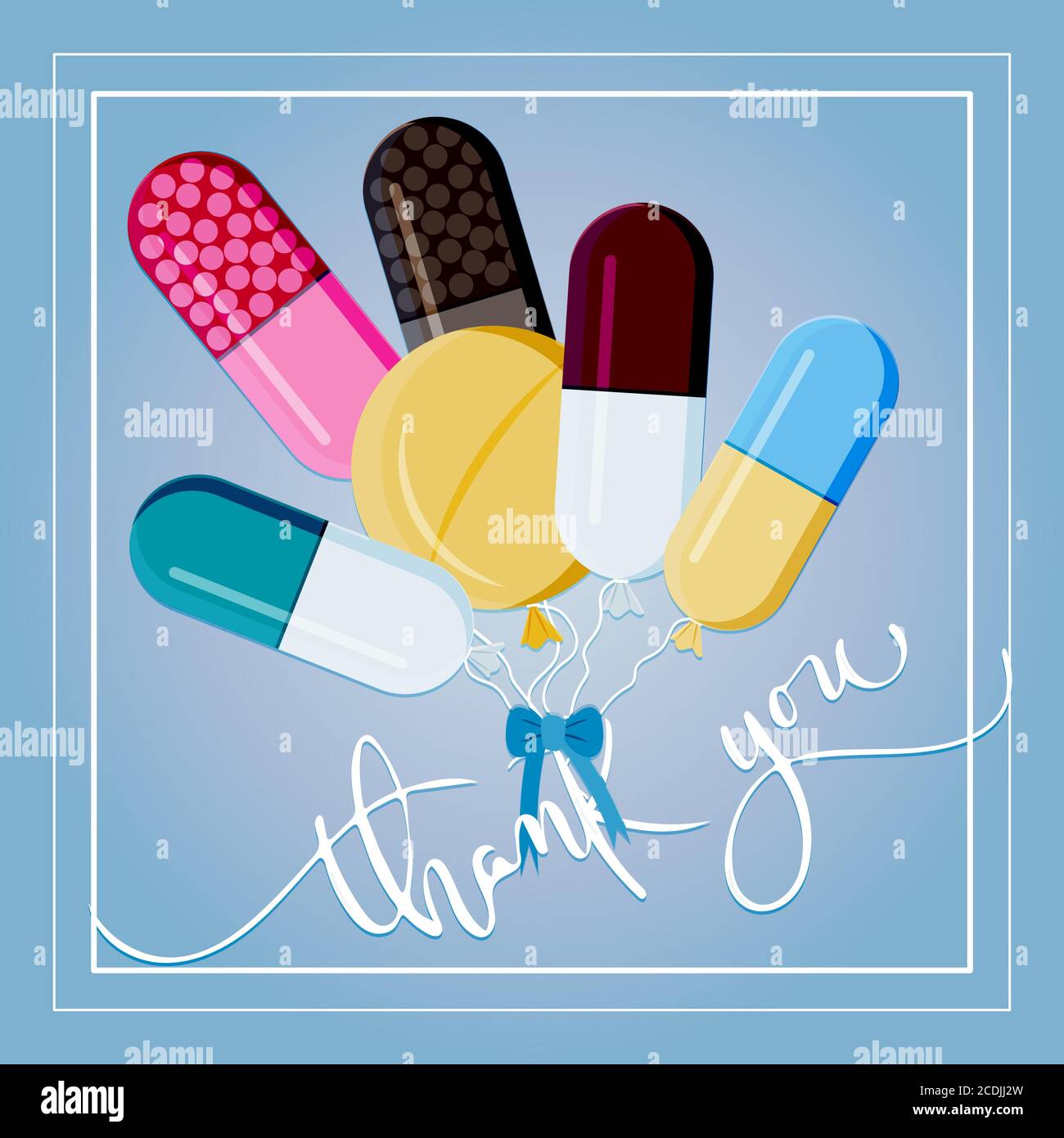 Vector illustration of balloons in the form of tablets and pills. A thank you greeting card for a nurse, doctor, pharmacist, or healthcare professional. Congratulations on nurse s day on may 12 or doctor s day. Medical concept. Funny design. Stock Vector