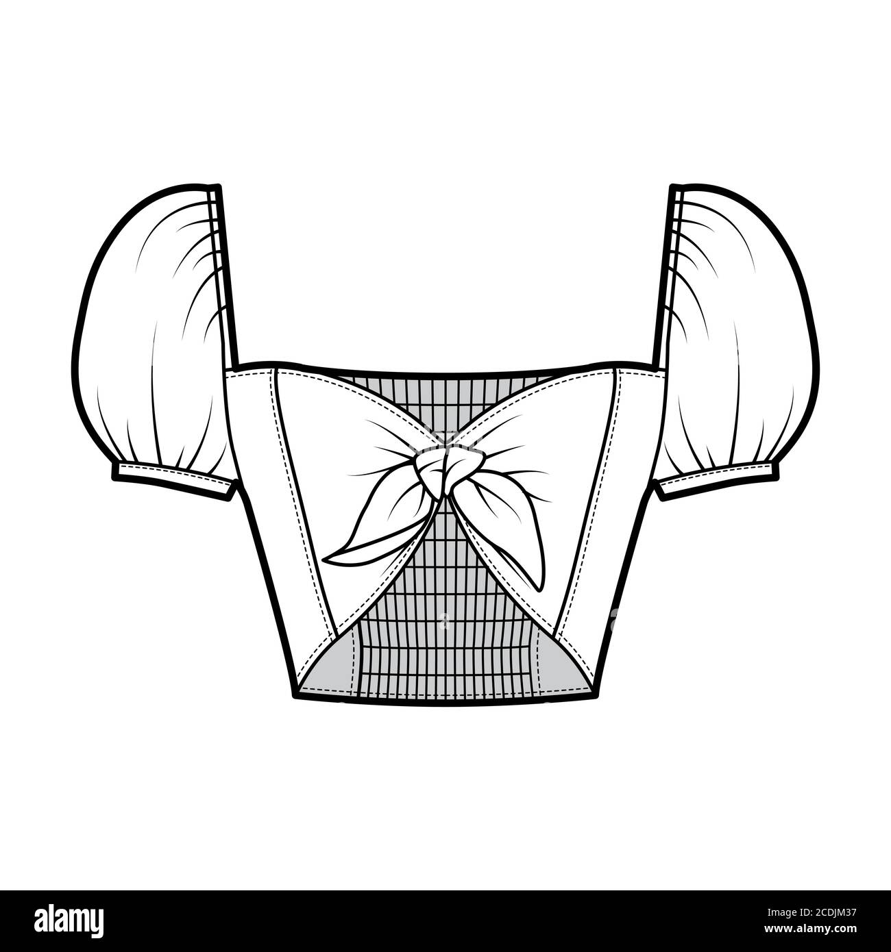 Tie-front cropped top technical fashion illustration with bow-detailed front, short puffy blouson sleeves, elasticated back and shoulders. Flat template white color. Women, men, unisex CAD mockup Stock Vector