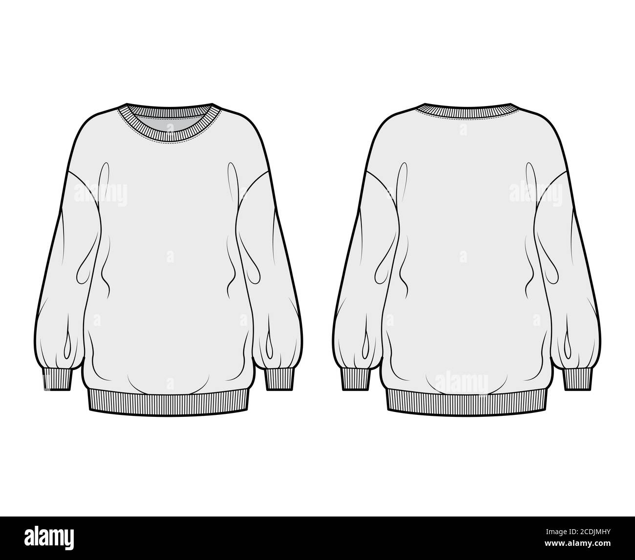 Cotton-terry slouchy oversized sweatshirt technical fashion illustration with loose relaxed fit, crew neckline, long sleeves. Flat jumper apparel template front, back, grey color. Women, men top CAD Stock Vector
