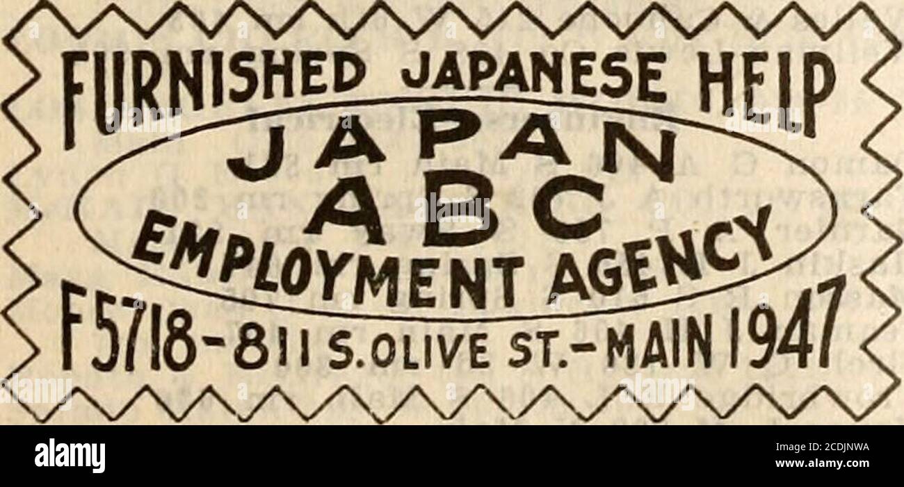 . Los Angeles, California, city directory . 57 S Bway (See right top lines and clas.=iitied .Japanese and Chinese Goods)Linsdell E M Miss 701 CourtSING FAT CO, 615 S Bway and 616 S Hill (See classified Chinese and Japanese Goods)TAKAHASHI BROS & CO, 557 S Bway (See right top lines and classified Japanese and Chinese Goods)Vienna Art Needlework Shop The 736 S Hill Employment Auencies Abe H 137 WilmingtonBeatcin N H 311% S Spring nn 1005Bonded Service Co 326 W 3d rm 316California Commercial Service Co 520 W 7th rm 620California Employment Agency 113 E 2dChristy Employment Agency 452% S BwayCochr Stock Photo