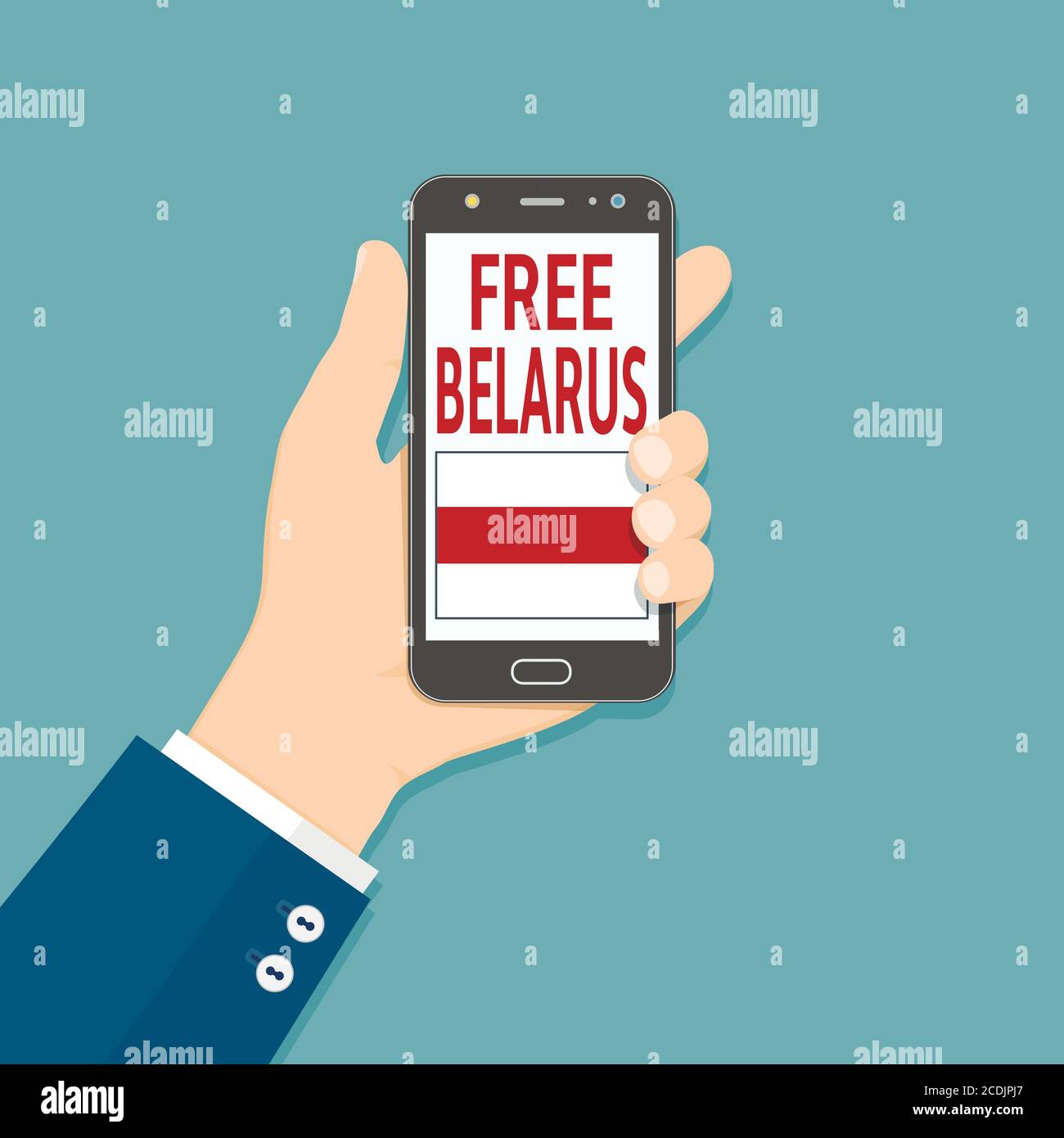 Hand hold smartphone with Free Belarus text on screen. Protest after presidential elections 2020 in Belarus. Vector illustration Stock Vector