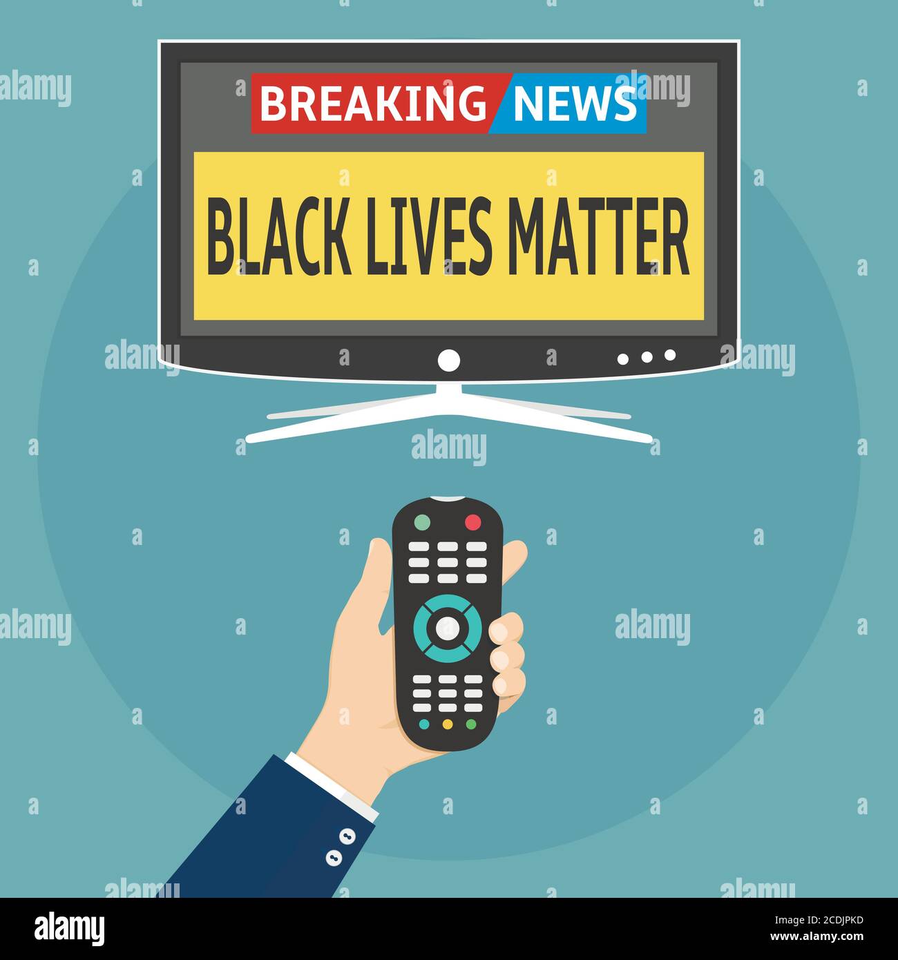 Black Lives Matter breaking news flat design concept. Human holding remote control and watch smart tv with Black Lives Matter protest breaking news. Stock Vector