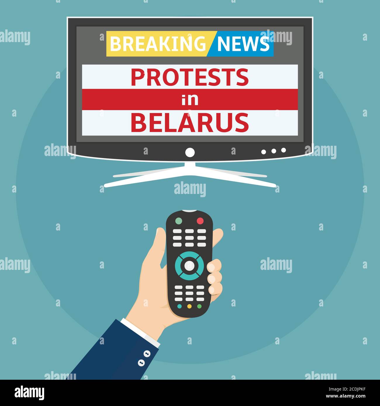 Protests in Belarus breaking news flat design concept. Human holding remote control and watch smart tv with protests in Belarus breaking news. Stock Vector