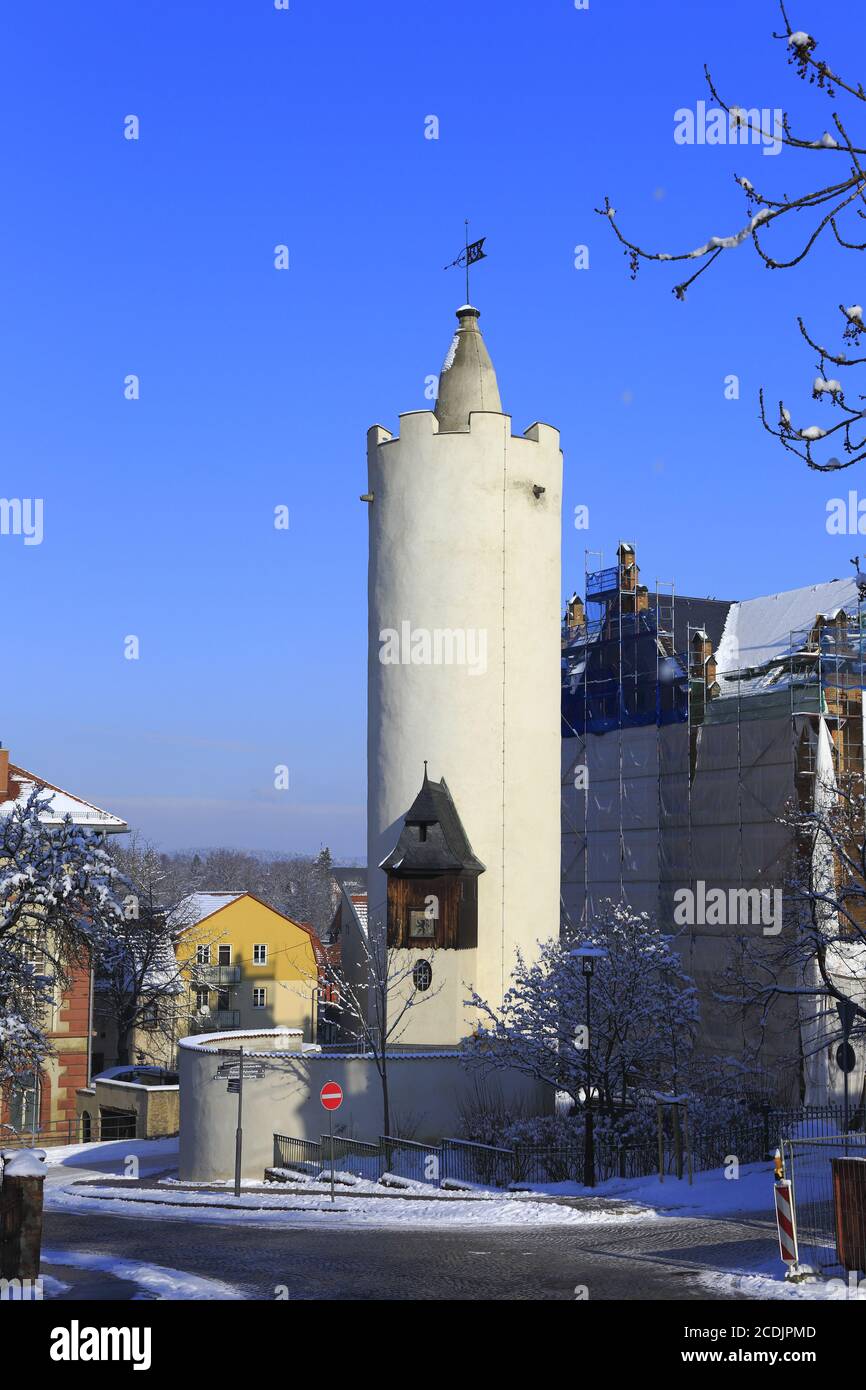 White Tower Pößneck winter, Thuringia, Germany, Eu Stock Photo