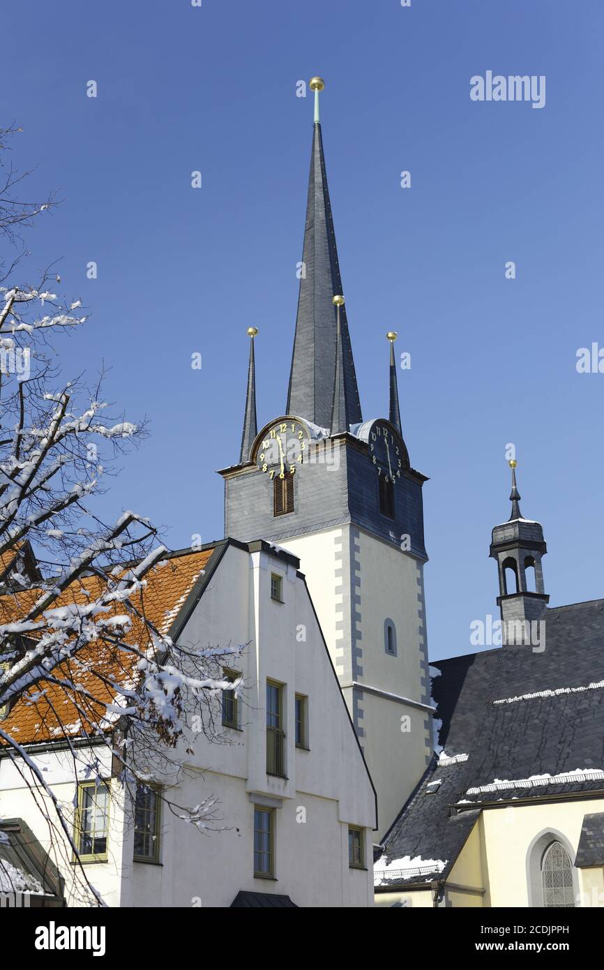 City Church Pößneck winter, Thuringia, Germany, Eu Stock Photo