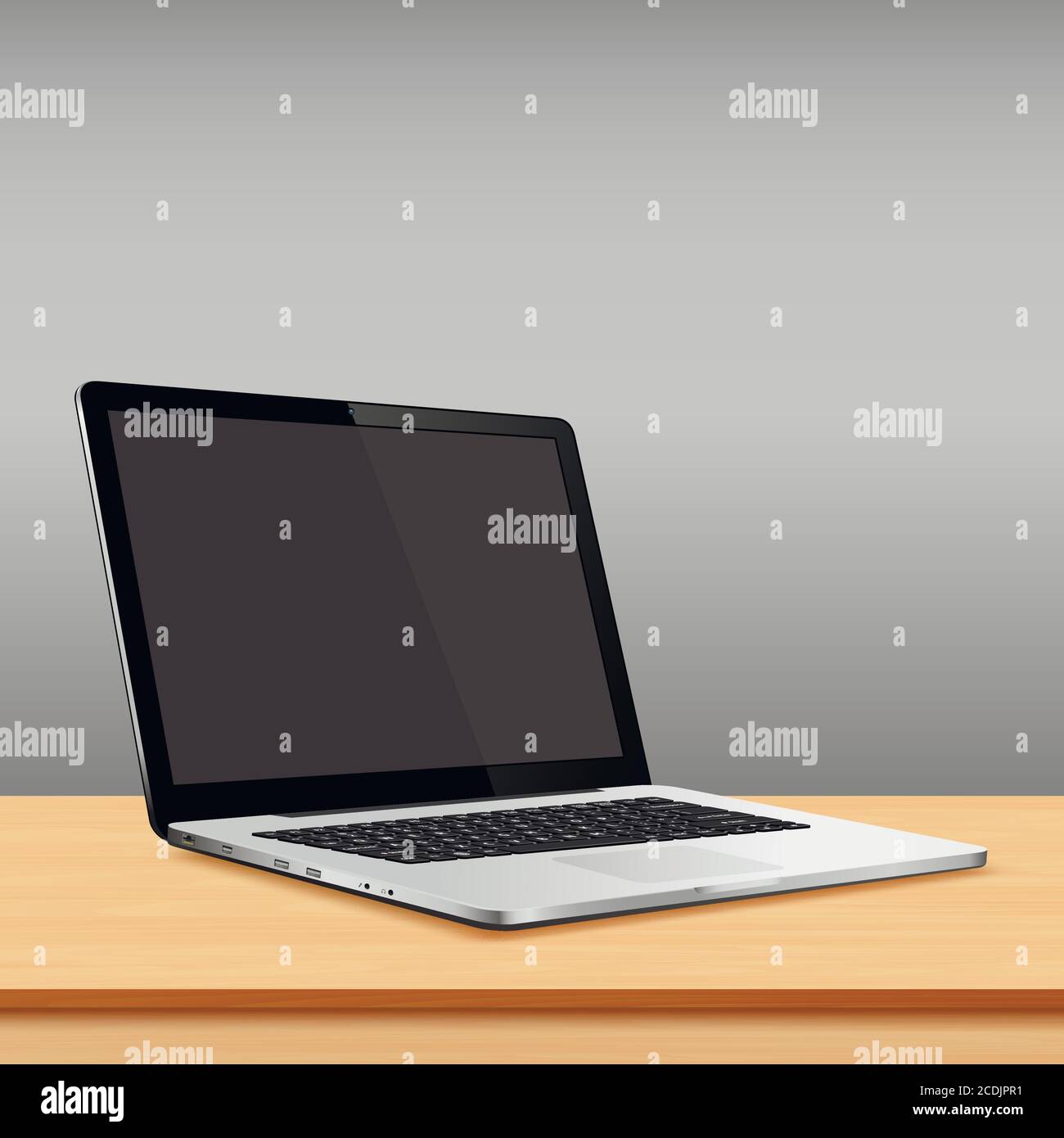 Laptop blank screen on wooden table with grey wall background Stock ...