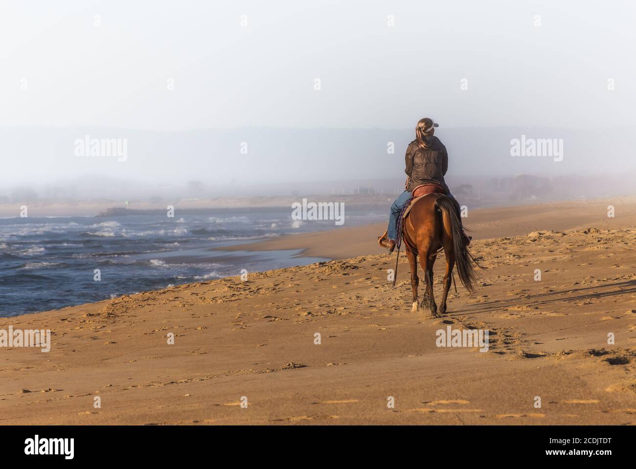 Woman Riding Horse Into the Fog on the Beach at Sunset Stock Photo