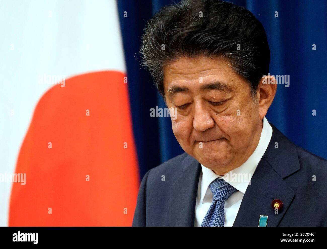 Tokyo, Japan. 28th Aug, 2020. Japanese Prime Minister Shinzo Abe reacts during a press conference at the prime minister official residence in Tokyo, Japan, 28 August 2020. Prime Minister Shinzo Abe announced his resignation due to health concerns. Credit: POOL/ZUMA Wire/Alamy Live News Stock Photo