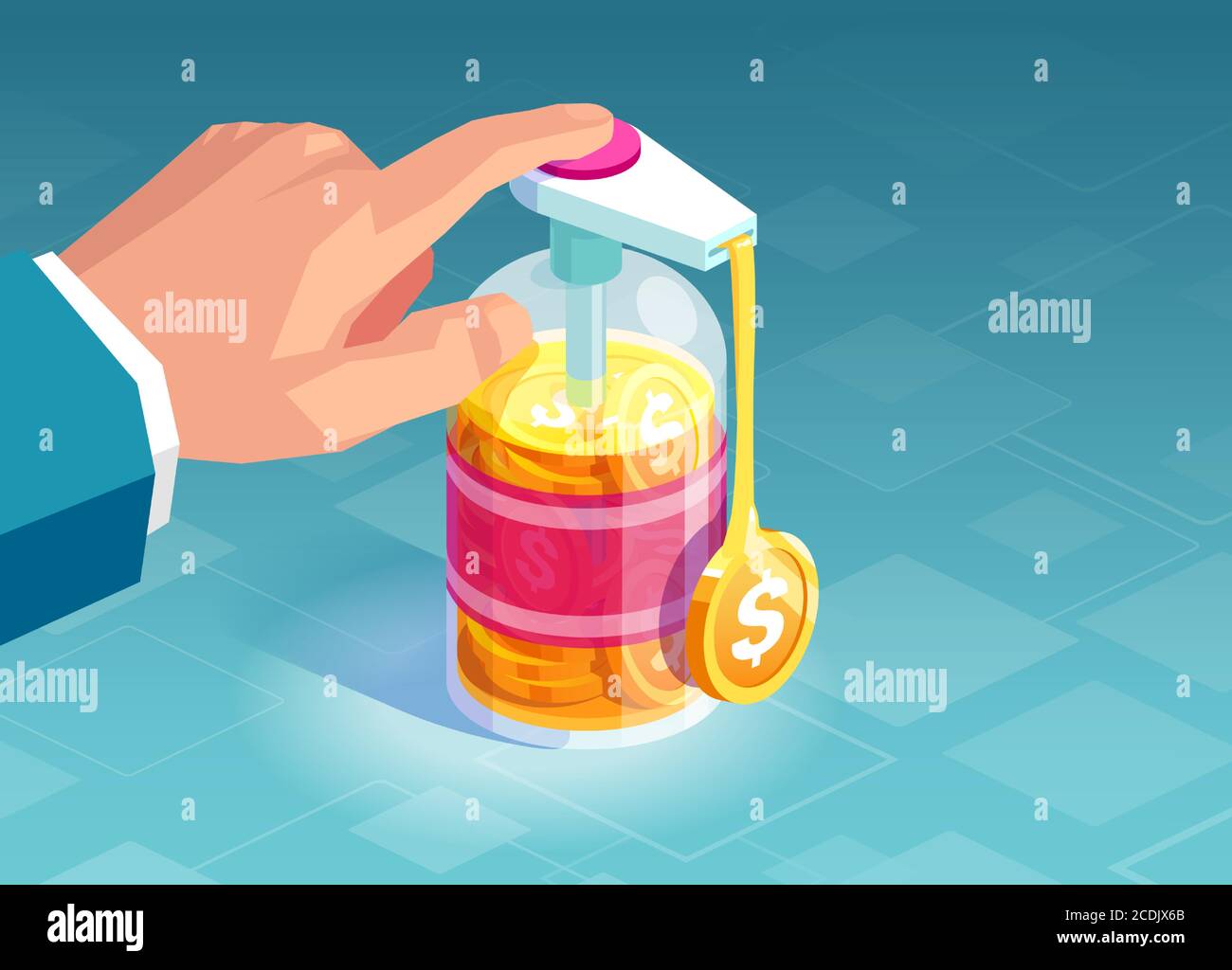 Vector of a businessman pumping hand sanitizer bottle with dollar coins coming out Stock Vector