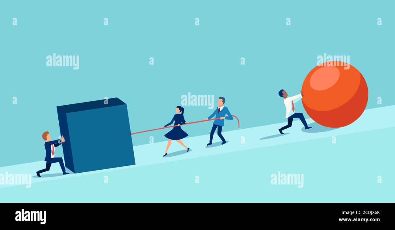 Vector of a smart businessman pushing a sphere leading the race against a team of slower business people pushing a box. Winning strategy concept Stock Vector