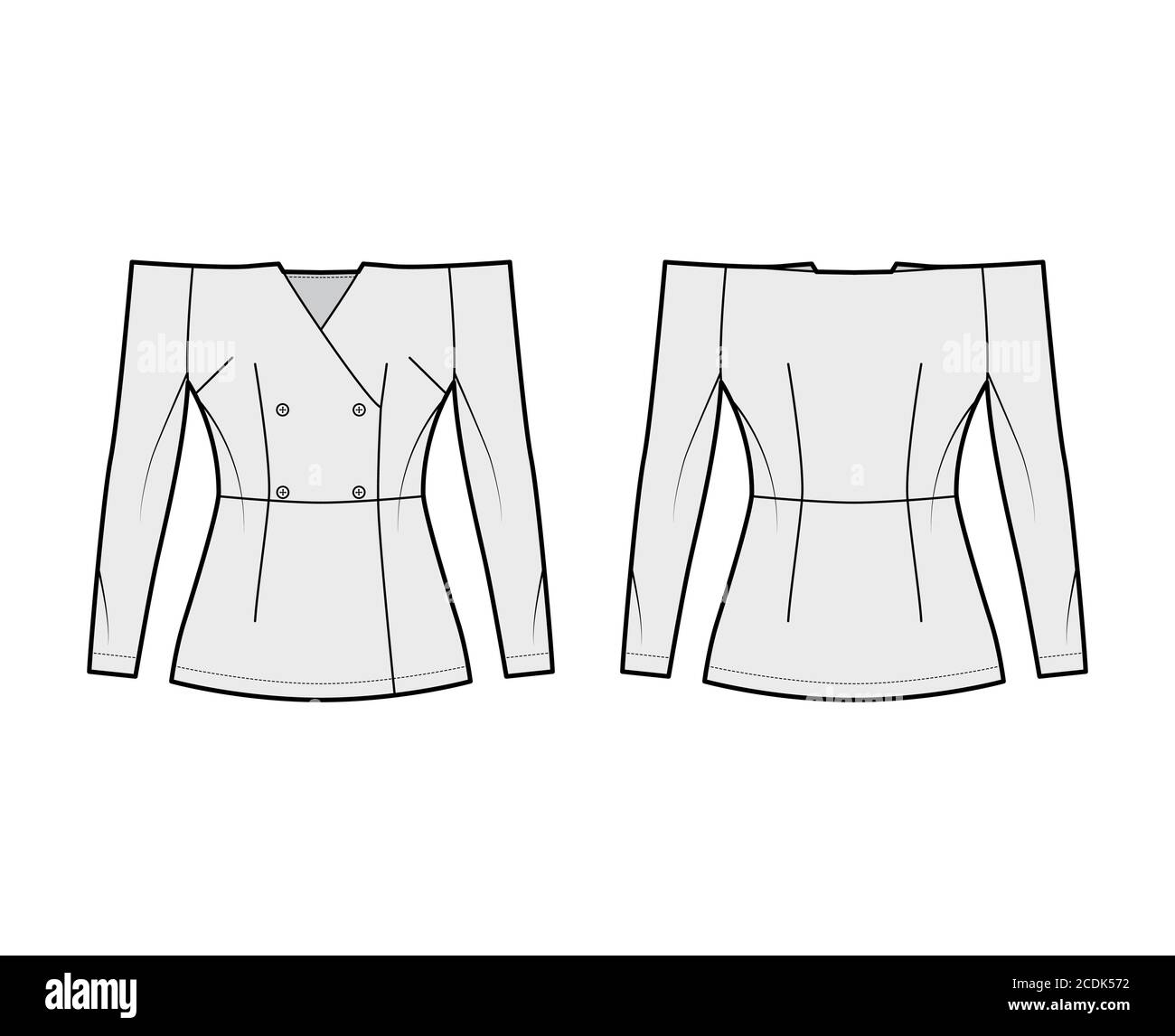 Download Off The Shoulder Double Breasted Top Technical Fashion Illustration With Fitted Silhouette Long Sleeves Button Opening Flat Jacket Template Front Back Grey Color Women Men Unisex Blazer Cad Mockup Stock Vector Image Art