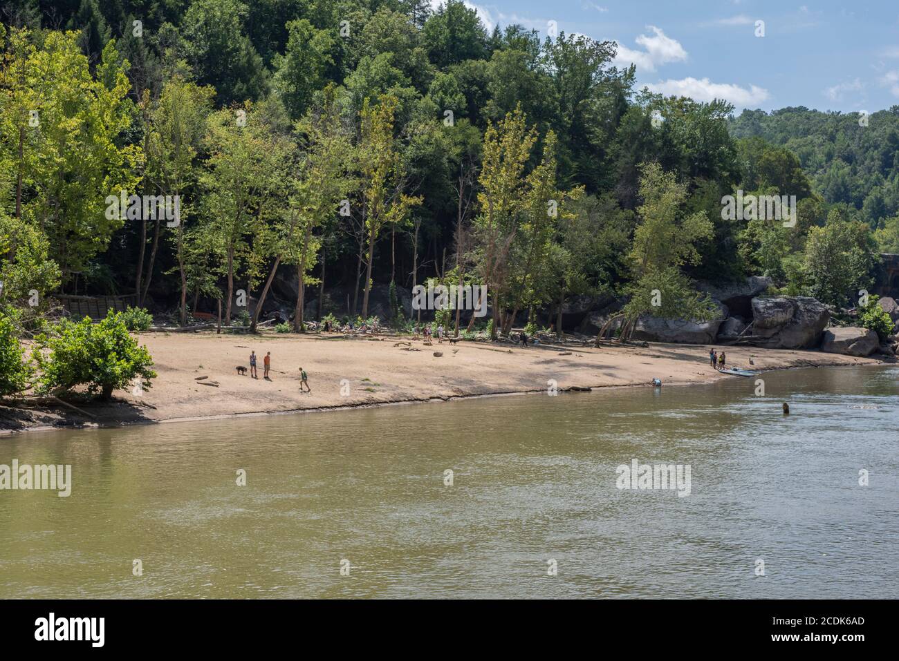 Beach area with tourists below Cumberland Falls on the Cumberland River in southeastern Kentucky. Stock Photo