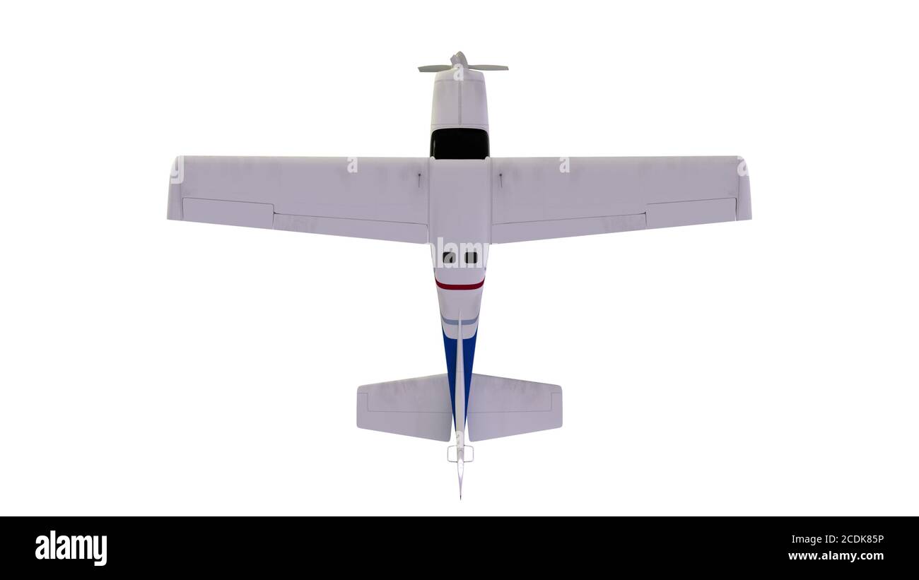 Old propeller plane flight on white background. Top view. 3d rendering Stock Photo -