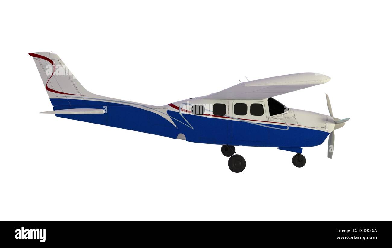 Old propeller plane flight on white background. Side view. 3d rendering