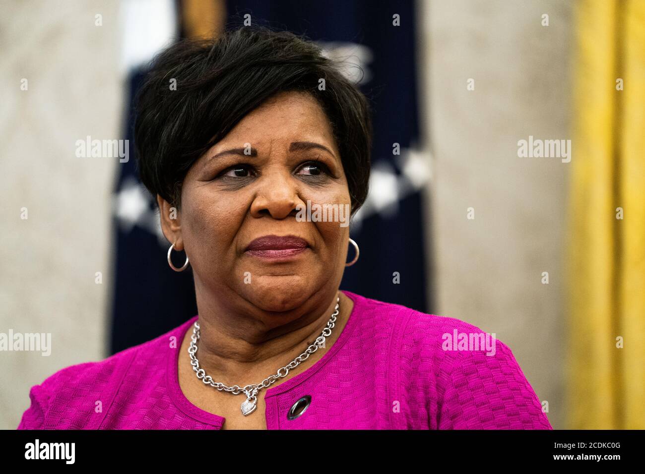 Alice Marie Johnson, criminal justice reform advocate, listens as