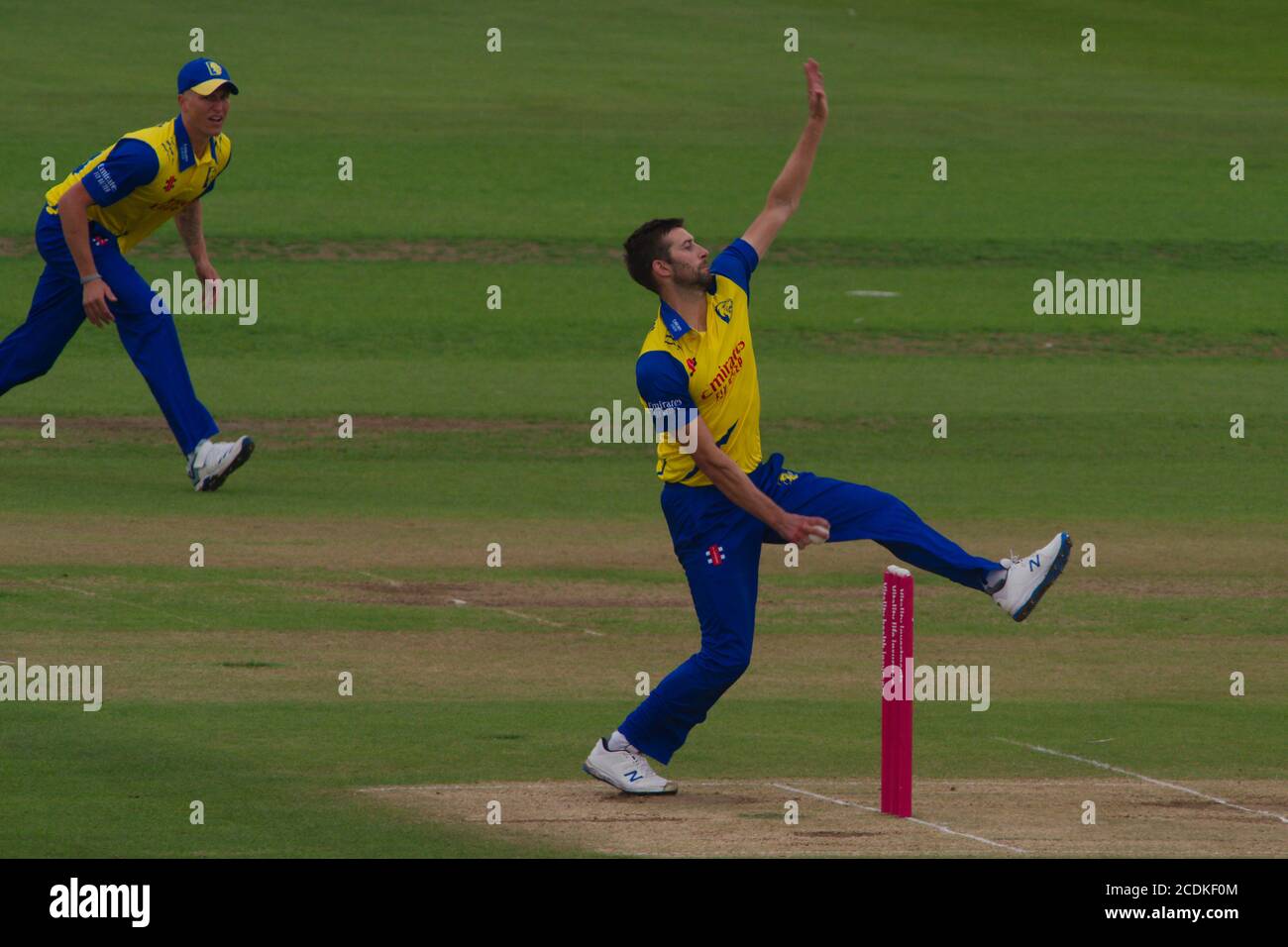 Chester le Street, England, 27 August 2020. Mark Wood running in to bowl for Durham in the 2020 Vitality Blast. Stock Photo