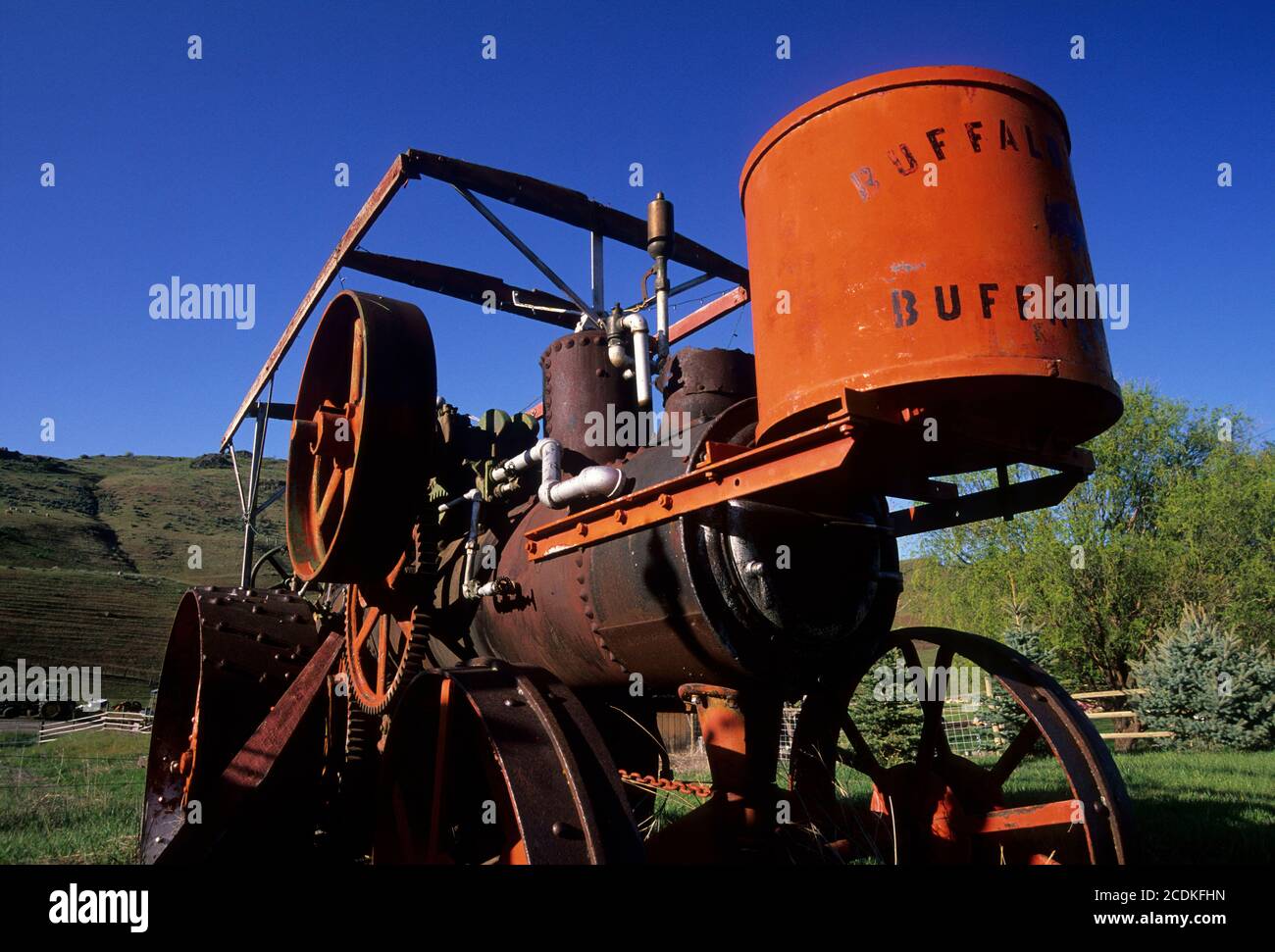 Buffalo tractor off Fish Lake Rd, Okanogan County, Washington Stock