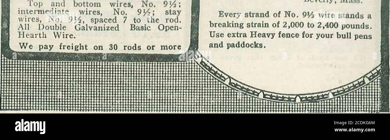 . Here's Jim Brown with a load of summer and fall bargains : fencing, gates, steel posts, ready-roofing and paint . 40 Rods$17.70 Extra Heavy Specifications Top and bottom wires. No. 9yiintermediate wires, No. 9J4; staywires, No. 9^, spaced 7 to the rod.All Double Galvanized Basic Open-Hearth Wire. June 13. 1921.Gentlemen:— It may be Interesting to you to know that I bought and erected a fence of yours just 13 years and 14 days ago. It is standing good and strong today. I set up this fence in Stoneham, .Mass., and now I want one for my property here in Beverly. Yours truly, H. C. HAY, 678 Cab Stock Photo