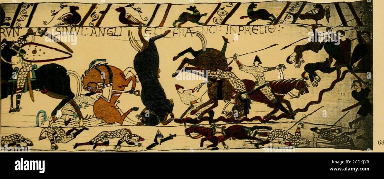 . The book of the Bayeux tapestry : . the leg below the suit of mail, and in the hands of one ofthe English you see the round shield with a boss, which will reappear inthe scene of the death of Harold. I would say tentatively and subjectto correction, that this symbolised something old-fashioned in the Saxonaccoutrement. In the border below, the same type of accoutrement, theround shield with the boss, reappears twice among the dead bodies. Gyrthand Lewine were standing near Harold, and one chronicle makes Williamhimself fell Gyrth with a blow of his mace, but there is nothing of thisin the em Stock Photo