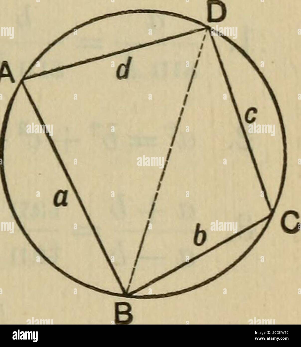 . A treatise on plane and spherical trigonometry, and its applications to astronomy and geodesy, with numerous examples . ABC when (1) a = 4, 6 = 10 ft., C = 30°. Arts. 10 sq. ft. (2) 6=5, c = 20 inches, A = 60°. 43.3 sq. in. (3) a = 13, b = 14, c = 15 chains. 84 sq. chains. A T&gt; 1111 4. Prove - = —-| 1 5. Prove r = g-g-in^Bsin^C cos^-A EXAMPLES. 157 6. Prove that the area of the triangle ABC is representedby each of the three expressions: 2 R2 sin A sin B sin C, rs, and Br (sin A + sin B + sin C). 7. If A = 60°, a = V3, 6 = V2, prove that the area= i(3+V3). 8. Prove E (sin A + sin B + sin Stock Photo