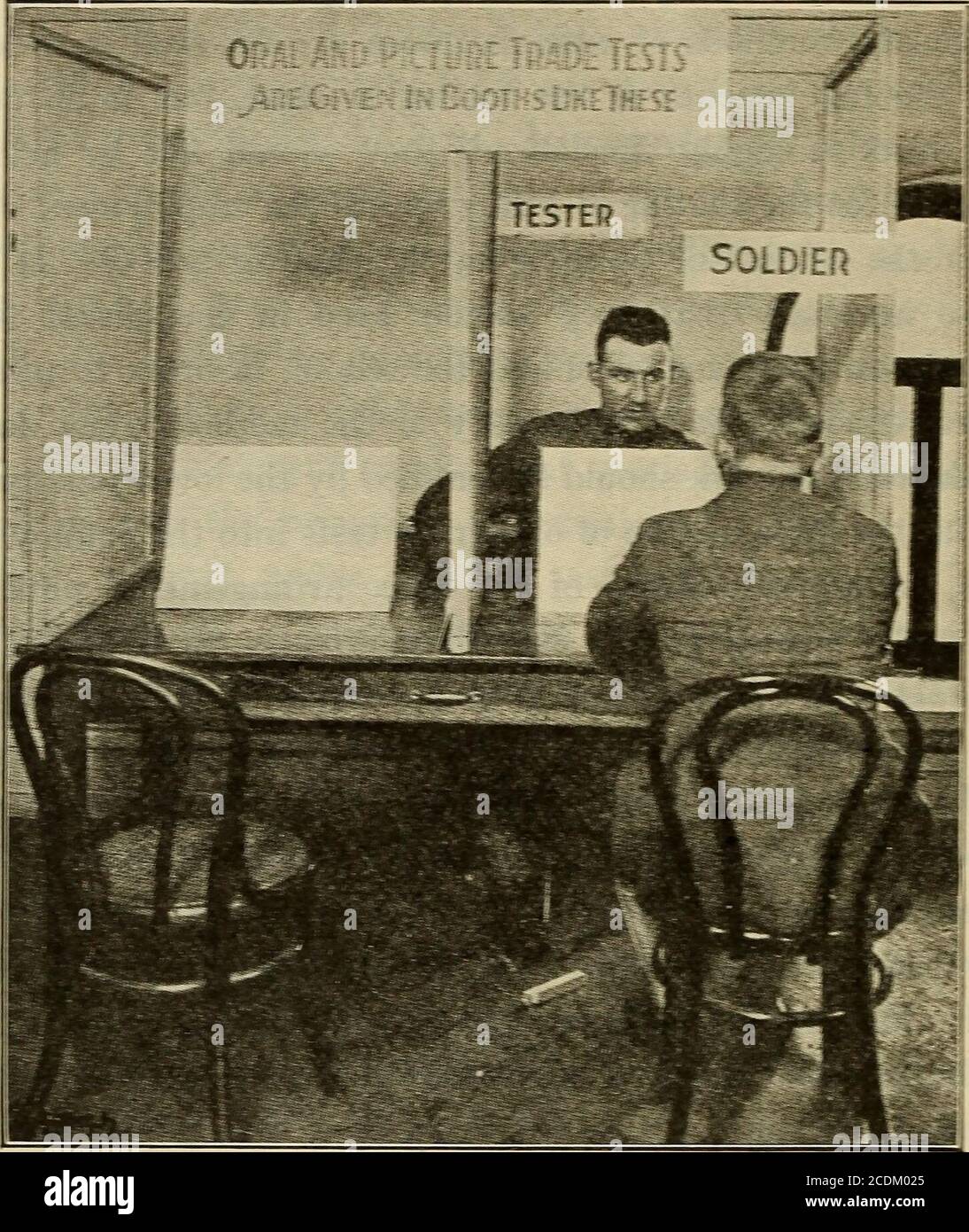 . Trade tests; the scientific measurement of trade proficiency . out-ing, or by constructing small booths or office partitions at ^con-venient places. The army in its interview work, when a tradeexamination was necessary, used partitions, such as those shownin the illustration. Where the existing arrangements cannotbe altered, the oral tests can be given with reasonable successprovided one apphcant is called up at a time. The commonpractice of allowing all that takes place between the interviewerand the apphcant to be heard by a number of men, who in manycases are pushing and shoving for the n Stock Photo