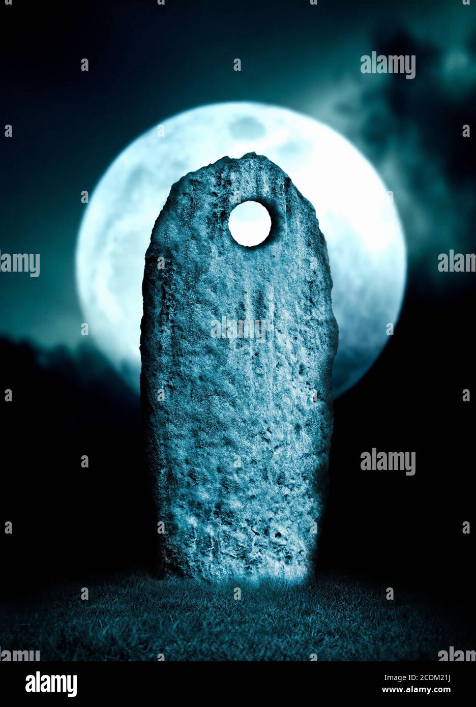 Moon behind standing stone, illustration. Stock Photo