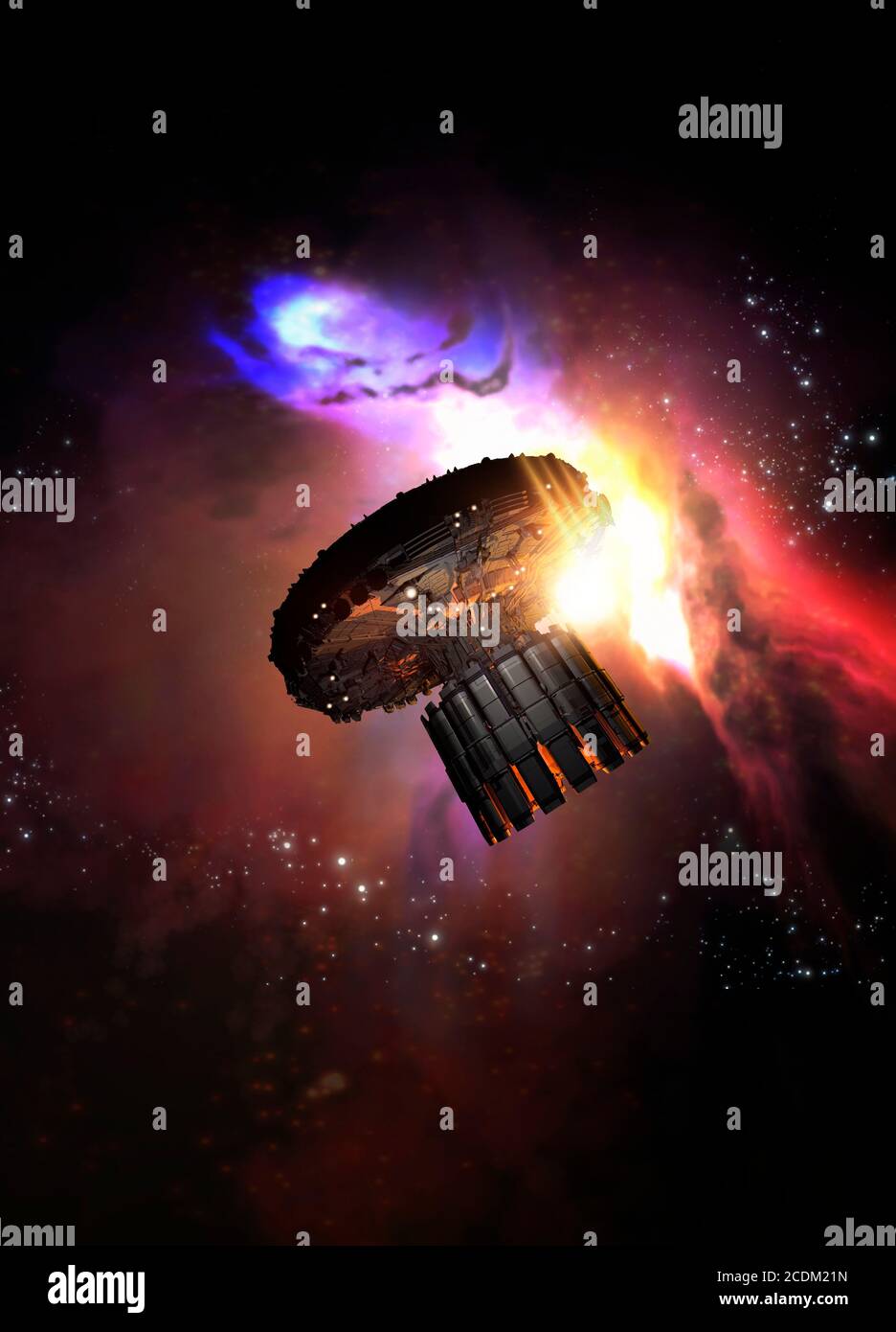 Illustration of a spaceship flying through deep space. Stock Photo