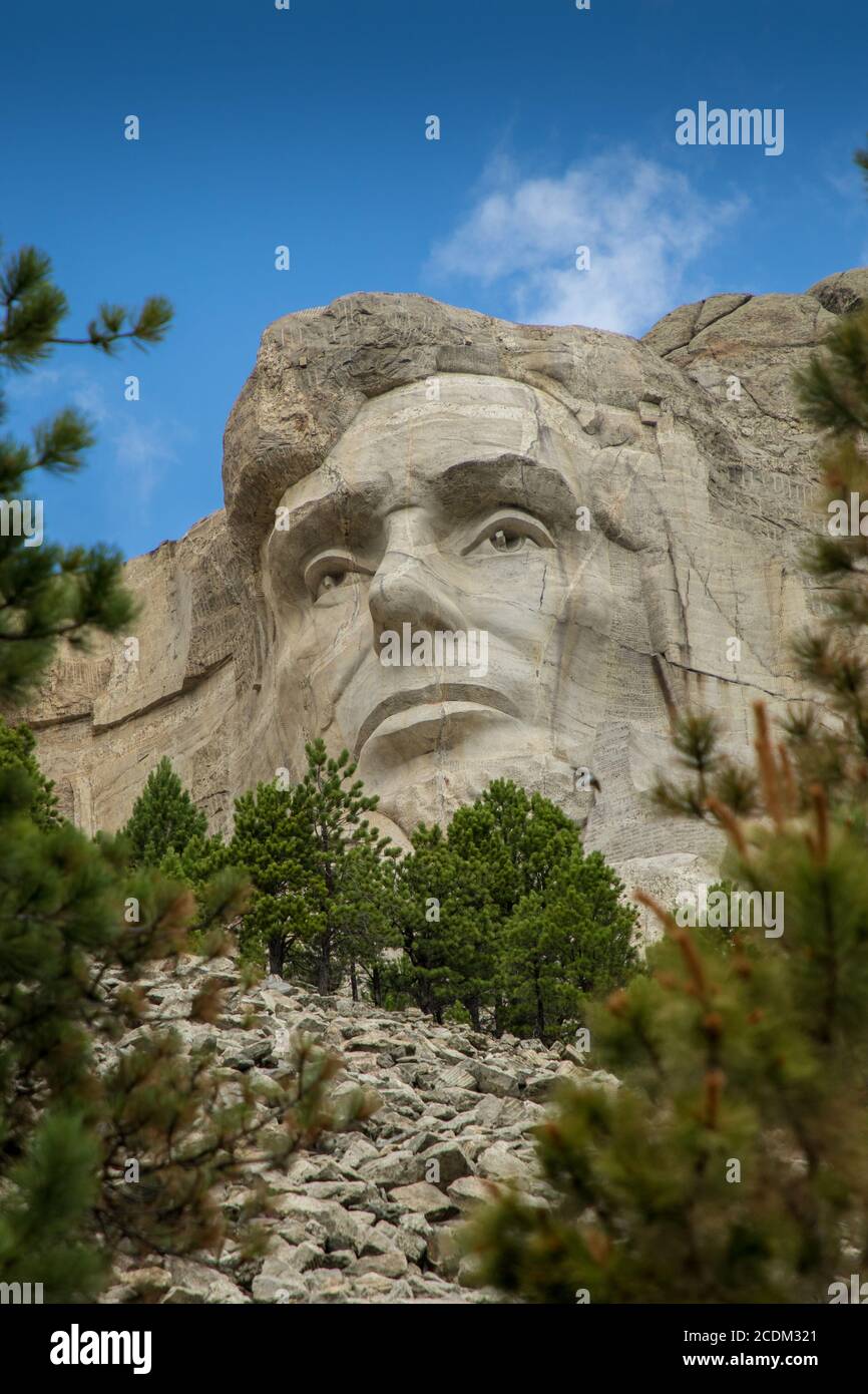 Closeup of Abraham Lincoln carved into Mount Rushmore in Rapid City South Dakota Stock Photo
