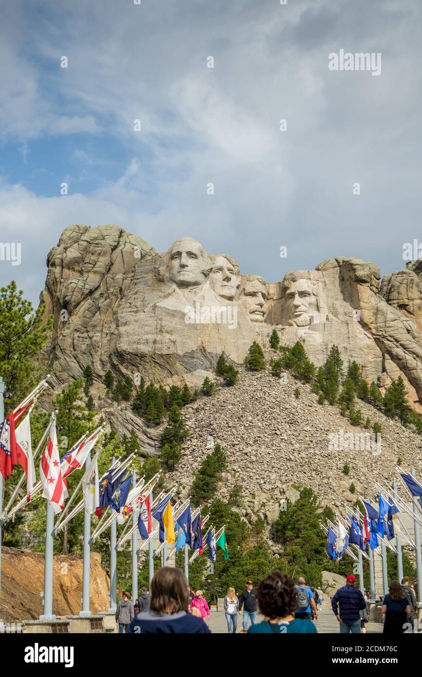 Mount Rushmore in Rapid City South Dakota with flags in foreground
