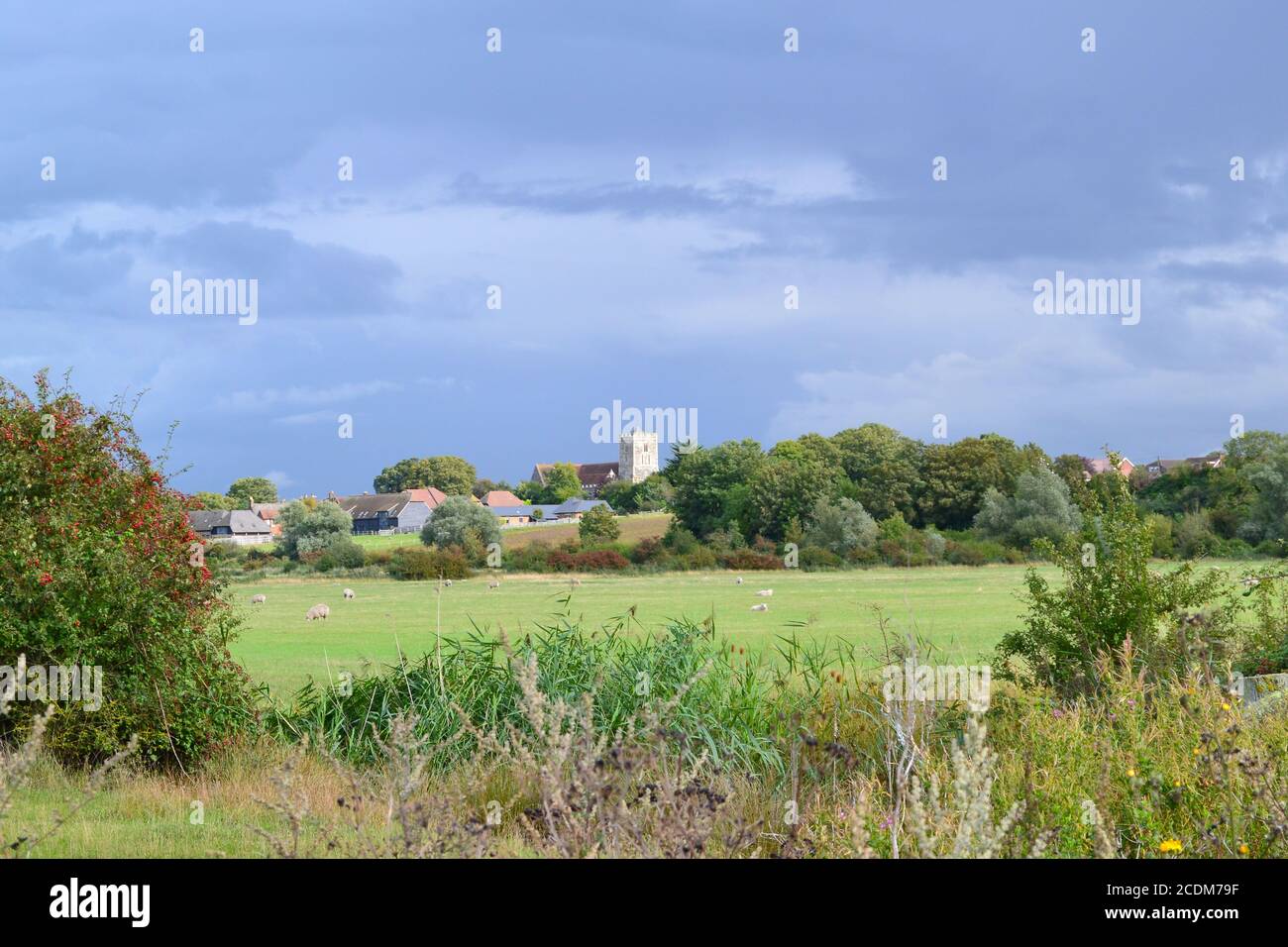 Distant St Helen's church seen from the north Kent marshes near Cliffe on the Hoo peninsula on a stormy August day. Stock Photo