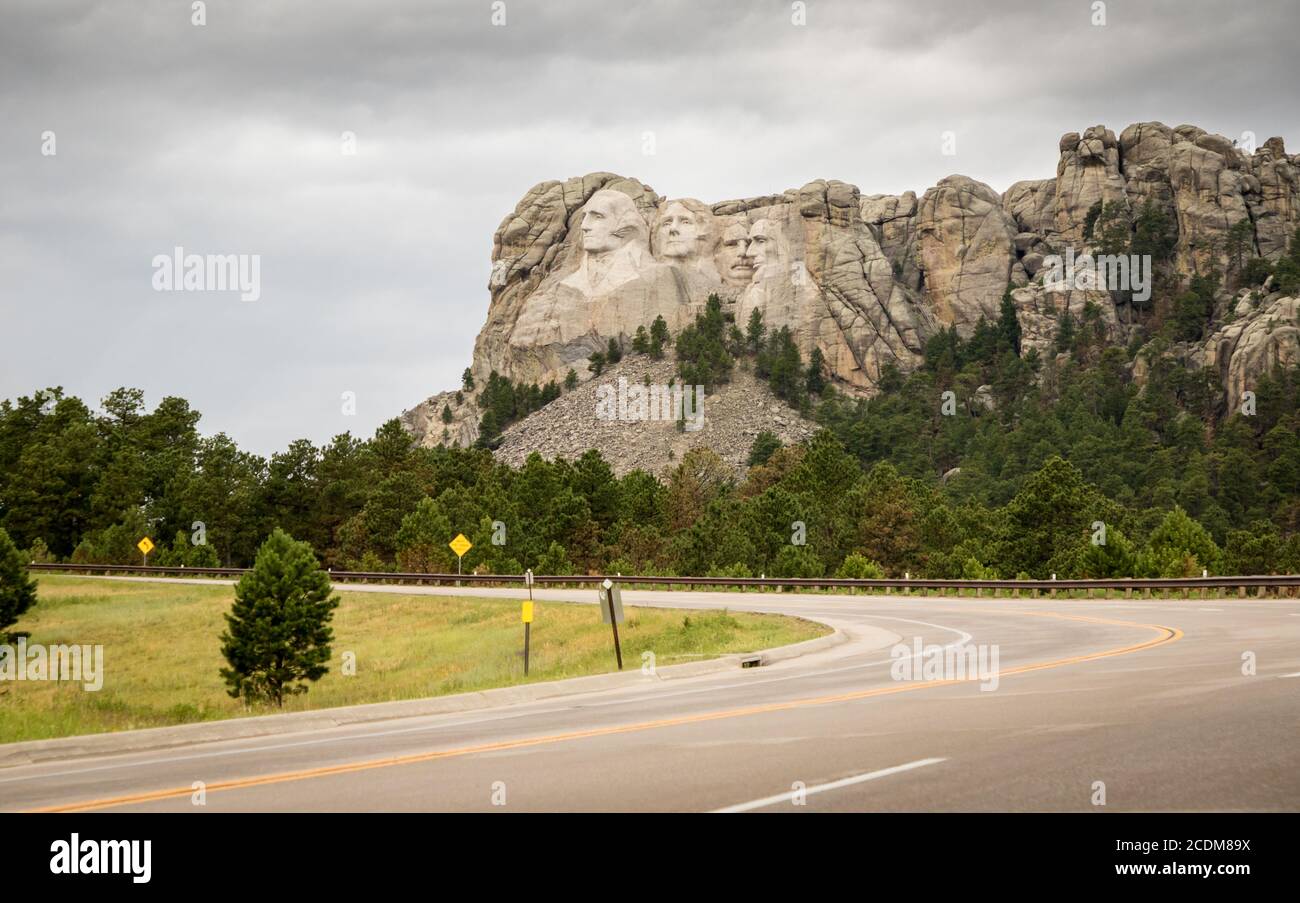 Road curving in front of Mount Rushmore in Rapid City South Dakota Stock Photo