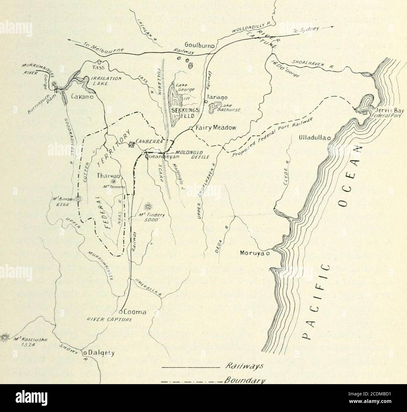 . The commonwealth of Australia; federal handbook, prepared in connection with the eighty-fourth meeting of the British association for the advancement of science, held in Australia, August, 1914 . iles west down the river bed and used to irrigate the westernplains near Narrandera. The land rises to the south of Lake George into two great massifsculminating in Tindery (5,000 feet) and Kosciusko (7,300 feet), and betweenthem is the long rift valley of the Murrumbidgee. Physical and G-exeral Geography of Australia. 99 The northern portion of this valley with the adjacent highlands consti-tutes t Stock Photo